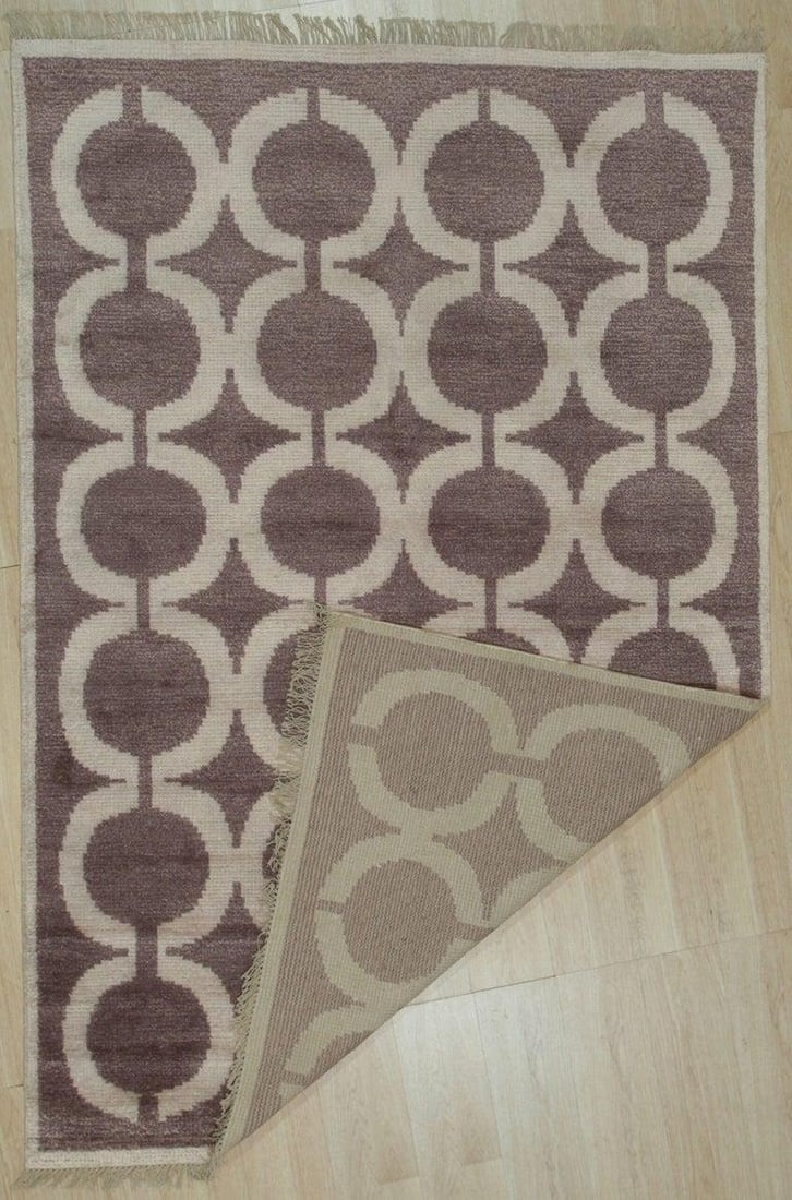6x9 Brown Hand-Knotted Wool Bamboo Silk Linked Circles Design Tribal Carpet Rug - 2