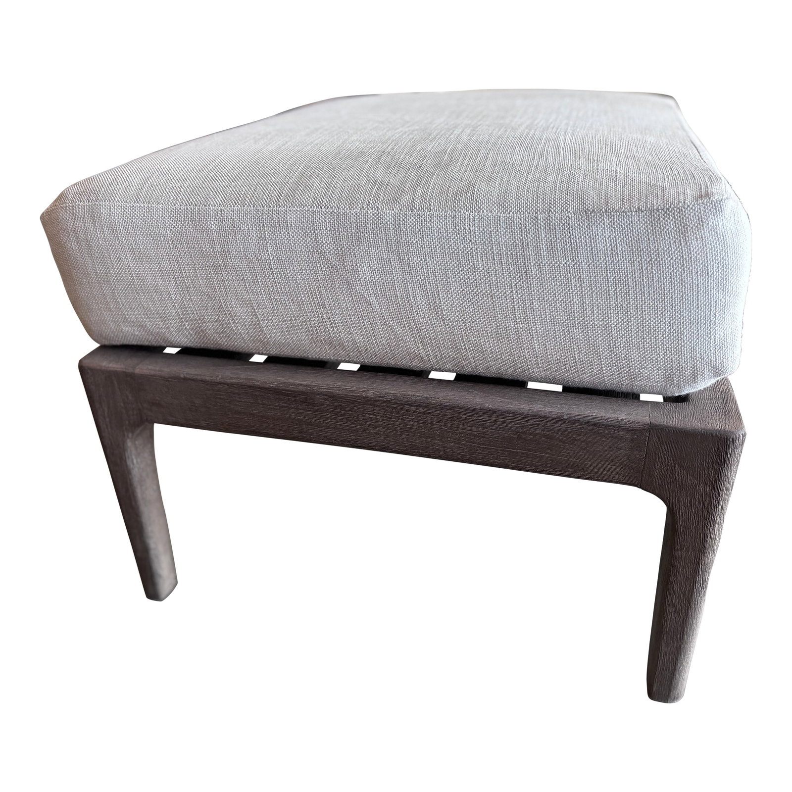 Restoration Hardware Laurel Teak Ottoman: No longer available online ! Could be used indoor or outdoor. Cushion cover is removable to wash it. Currently has some staining on cushion cover . Base is perfect Condition: Alterations: Original