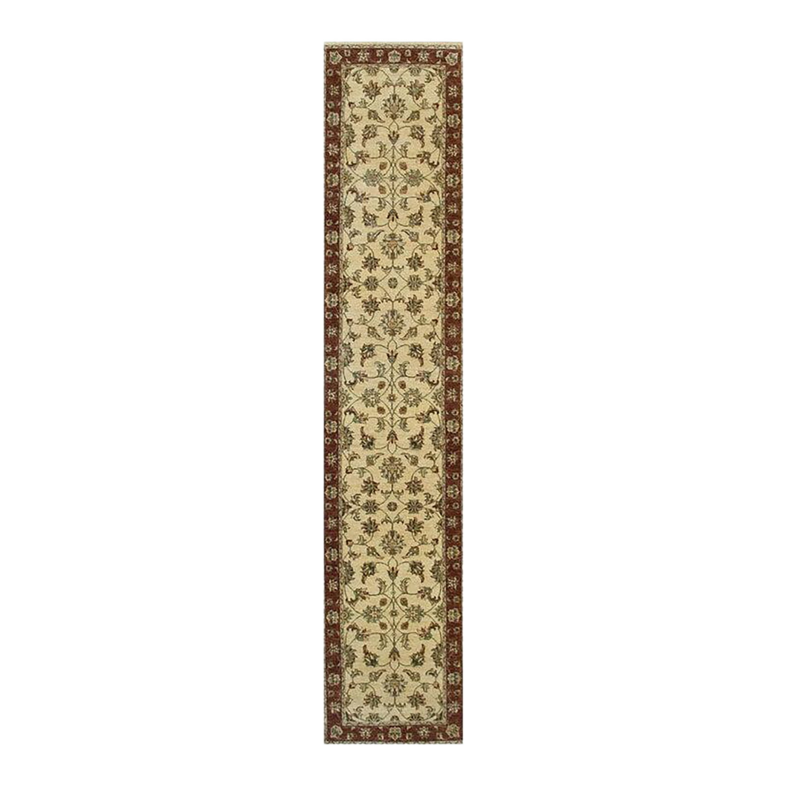 Standard Size Ivory Hand-Knotted Wool Symmetrical Floral Lattice Traditional Rug: This ivory, beige, cream, and white runner is a hand knotted pile rug crafted from natural wool. It represents the classic Agra style with a traditional aesthetic that fits standard interior design