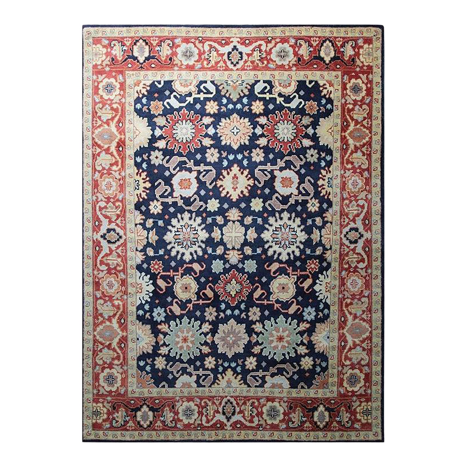 8x10 Blue Hand-Knotted Wool Floral Constellations Classic Traditional Carpet Rug: This blue wool rug features a hand knotted pile construction and measures 8 x 10 feet. Produced in India, this piece is an authentic example of Agra rugs, known for their specific weaving techniques