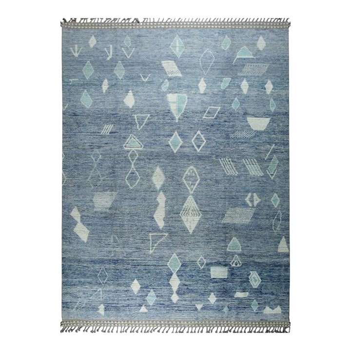 9x12 Blue Hand-Knotted Wool Floating Diamond Motifs Tribal Modern Carpet Rug: This blue wool rug features a hand knotted pile weave and originates from Pakistan. It reflects the traditional Berber carpet style, known for its specific texture and distinct visual appeal. The medi