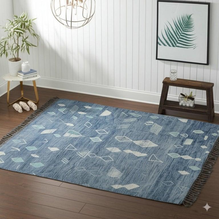 9x12 Blue Hand-Knotted Wool Floating Diamond Motifs Tribal Modern Carpet Rug - 6