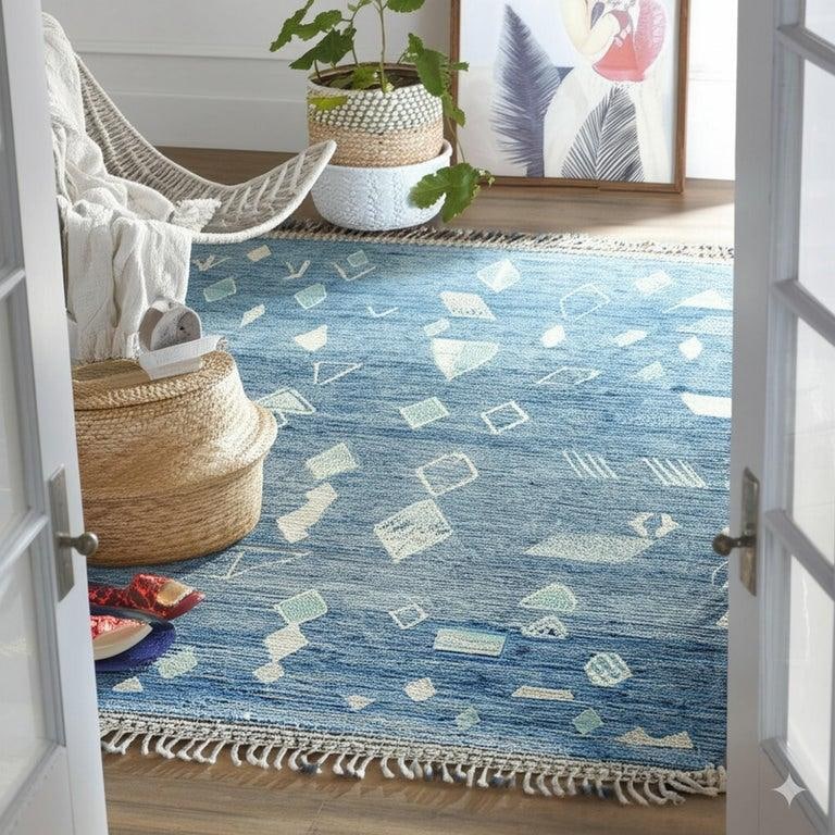 9x12 Blue Hand-Knotted Wool Floating Diamond Motifs Tribal Modern Carpet Rug - 7