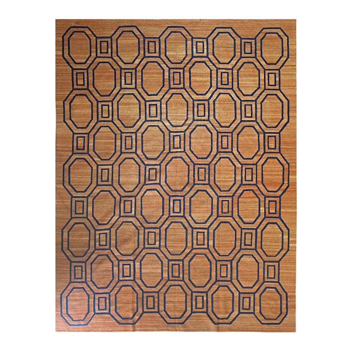 9x11 Brown Flat Weave Wool Linked Octagons Geometric Modern Carpet Rug: This brown earth tone area rug is constructed from wool using a durable flat weave technique. It is a Kilim style floor covering that originates from China, designed to provide a functional foundation