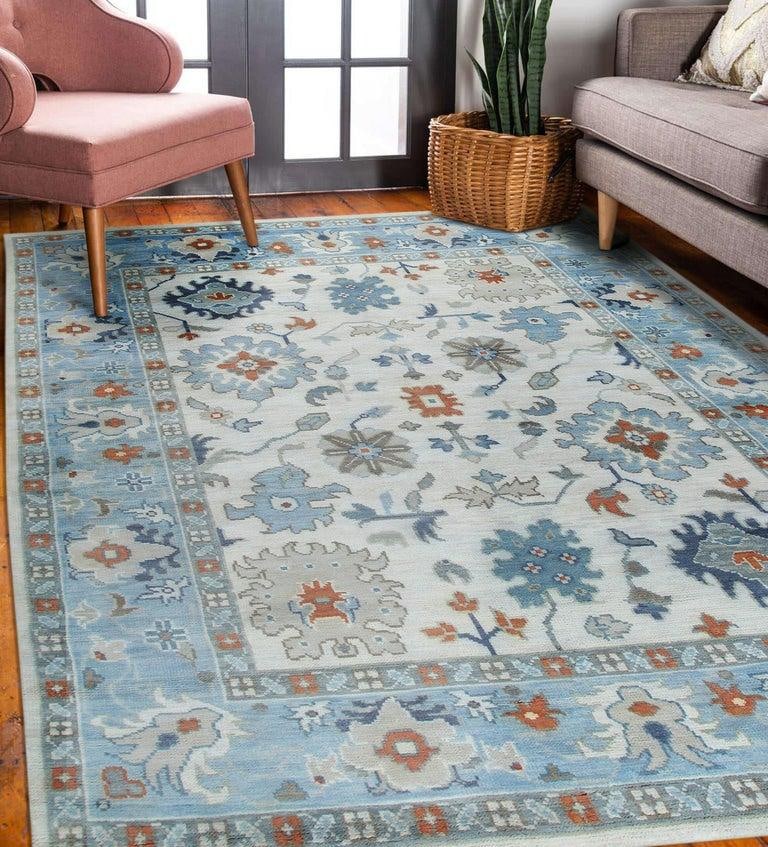 8x10 Ivory Hand-Knotted Wool Sky Blue Border Classic Traditional Carpet Rug - 6