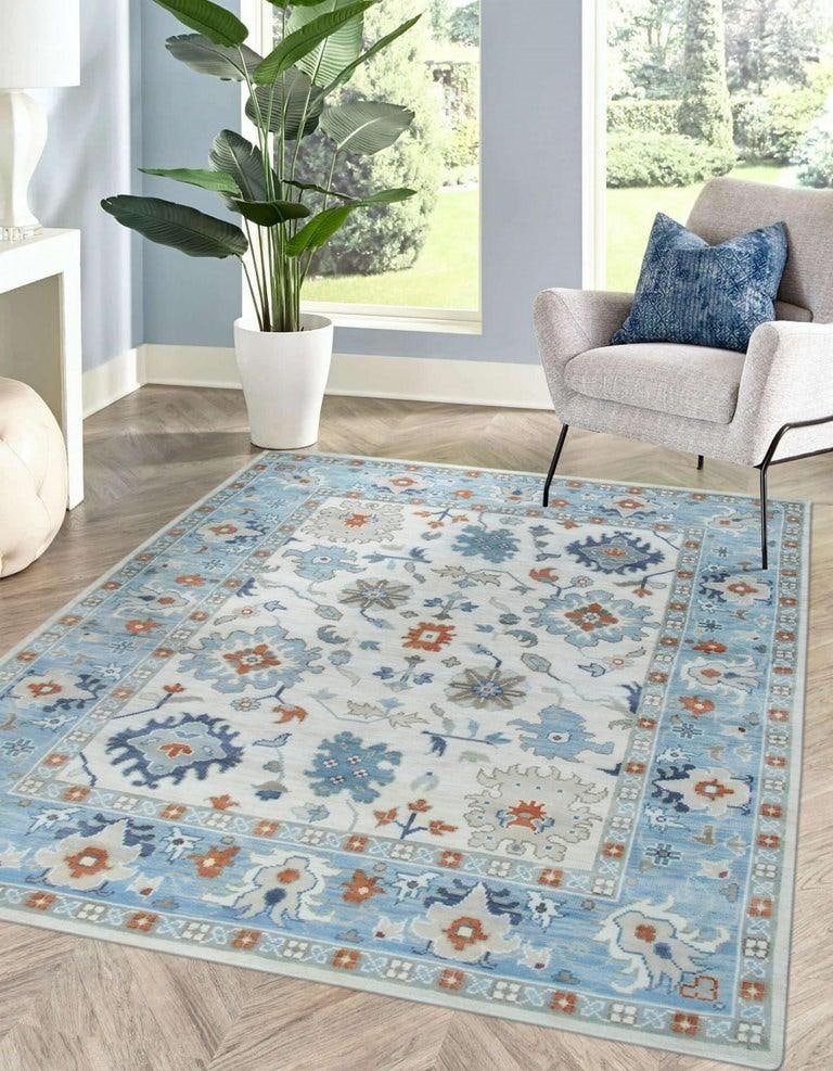 8x10 Ivory Hand-Knotted Wool Sky Blue Border Classic Traditional Carpet Rug - 7