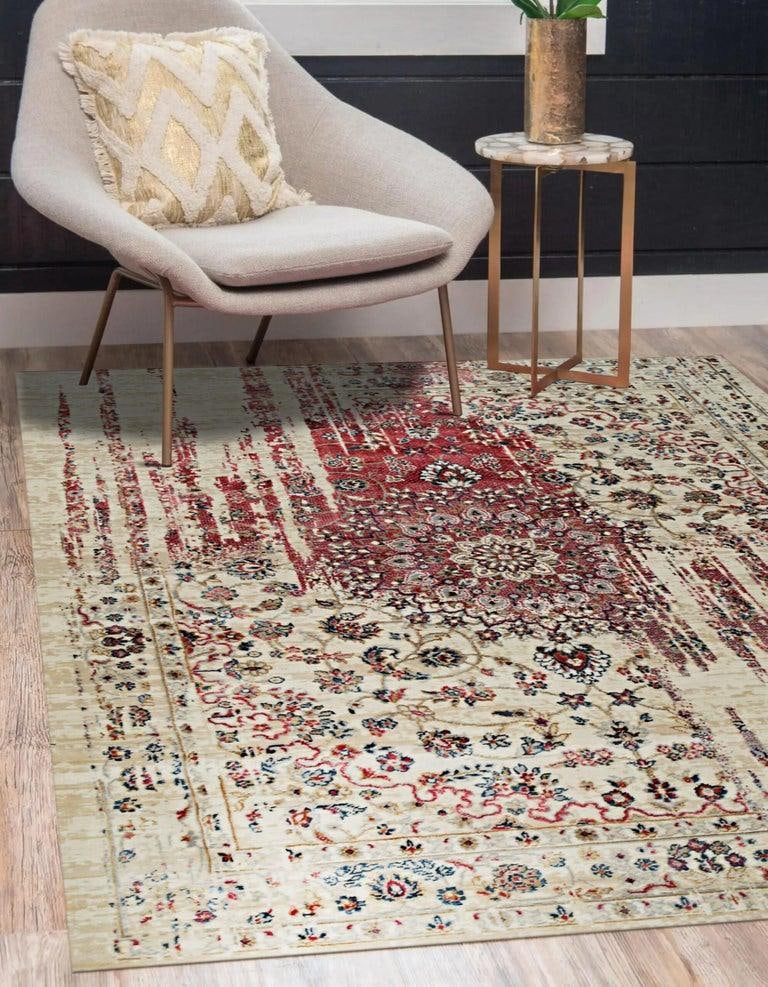 5x8 Ivory Machine Made Wool Viscose Floral Medallion Geometric Carpet Rug - 4