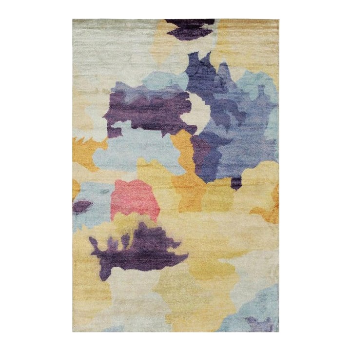 6x9 Multicolor Hand-Knotted Bamboo Silk Watercolor Jewel Tone Abstract Rug: This hand knotted pile rug features a multicolor jewel tones palette and is crafted from bamboo silk. The design is abstract and contemporary, aligning with the EORC Rugs style. This modern floor