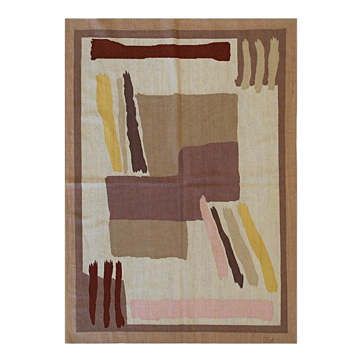 6x8 Ivory Flat Weave Wool Brushstroke Blocks Vintage Mid Century Carpet Rug: This 6 x 8 area rug is a flat weave Kilim crafted entirely from wool. The primary color palette features a neutral blend of ivory, beige, cream, and white tones, creating a versatile foundation for va
