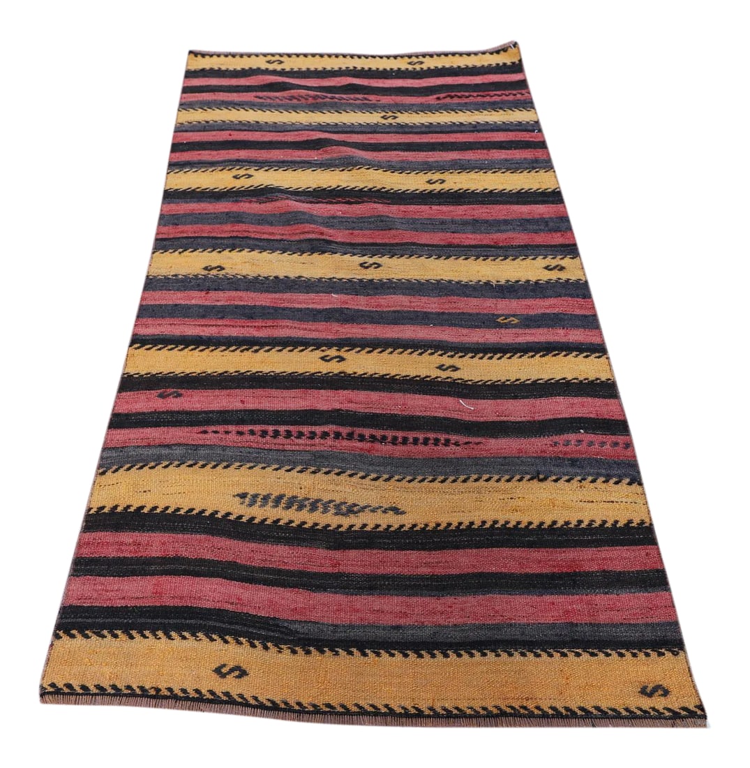 1960s Vintage Turkish Cabin Style Cappadocia Hand Knotted Striped Design Kilim Rug: 1960s Vintage Turkish Cabin Style Hand Knotted Stripe Desing Kilim Rug Size: 3.4 x 5.6 ft - 104 x 172 cm - 41 x 68 inches Color: Organic Natural Dye ( Red, Yellow, Black, ) Material: 100% Hand Spun