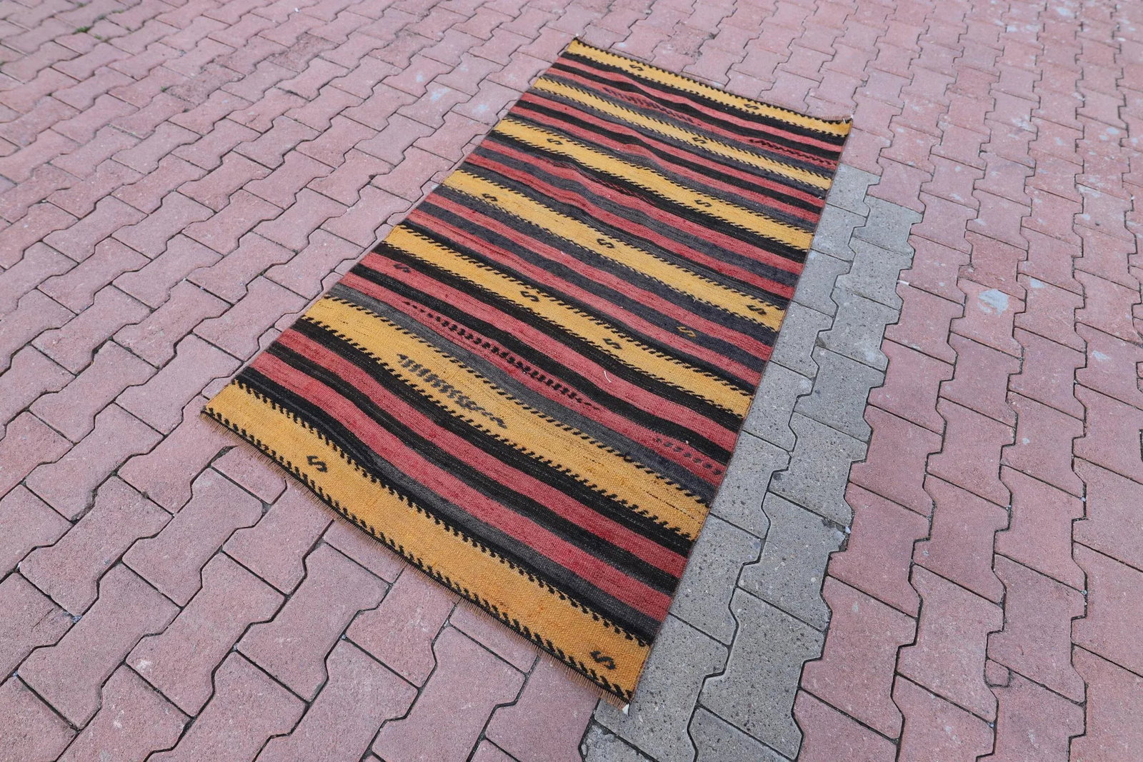 1960s Vintage Turkish Cabin Style Cappadocia Hand Knotted Striped Design Kilim Rug - 2