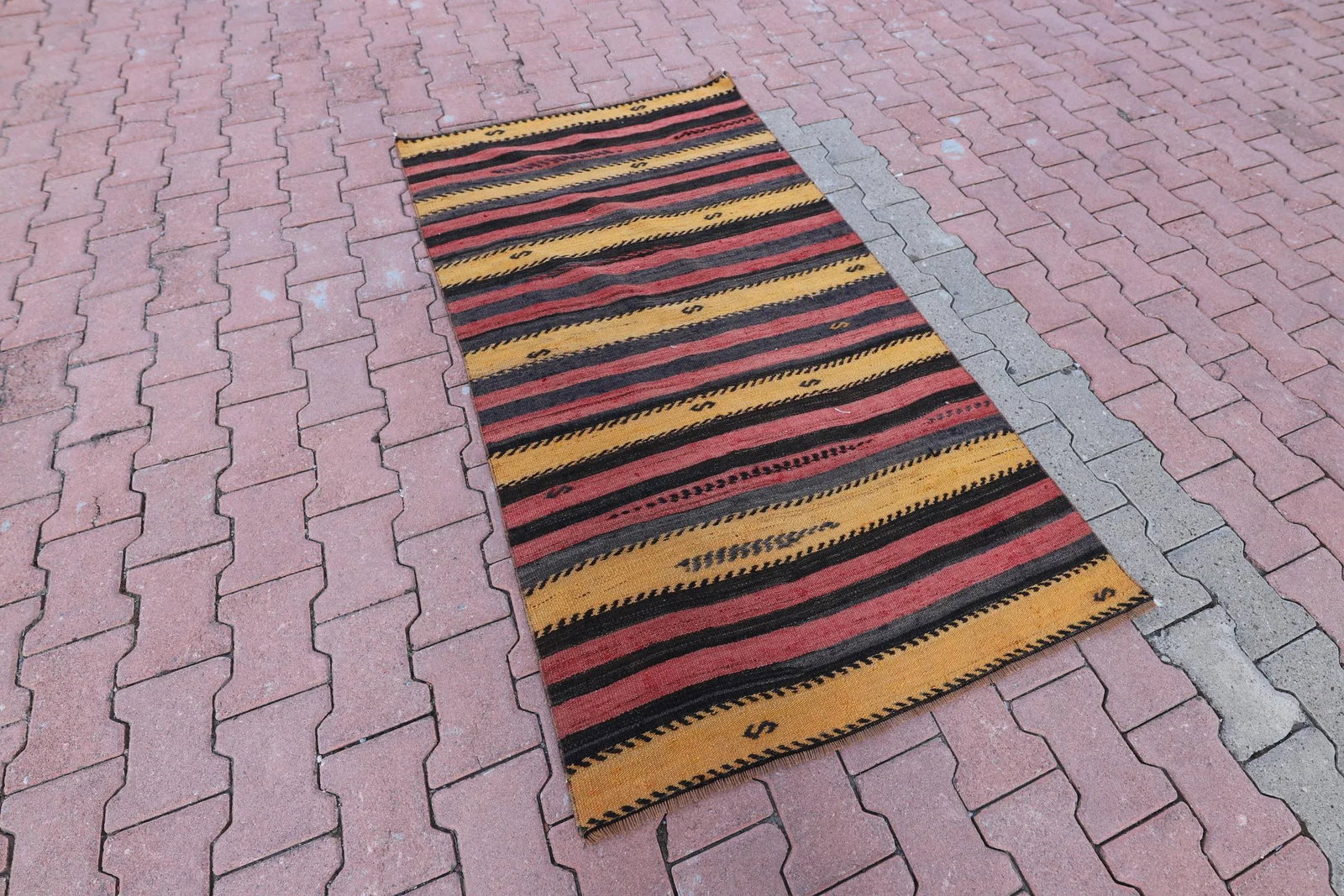 1960s Vintage Turkish Cabin Style Cappadocia Hand Knotted Striped Design Kilim Rug - 3