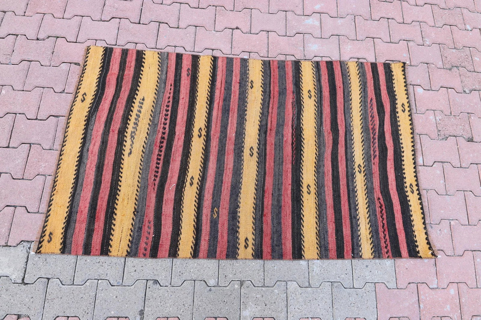 1960s Vintage Turkish Cabin Style Cappadocia Hand Knotted Striped Design Kilim Rug - 4