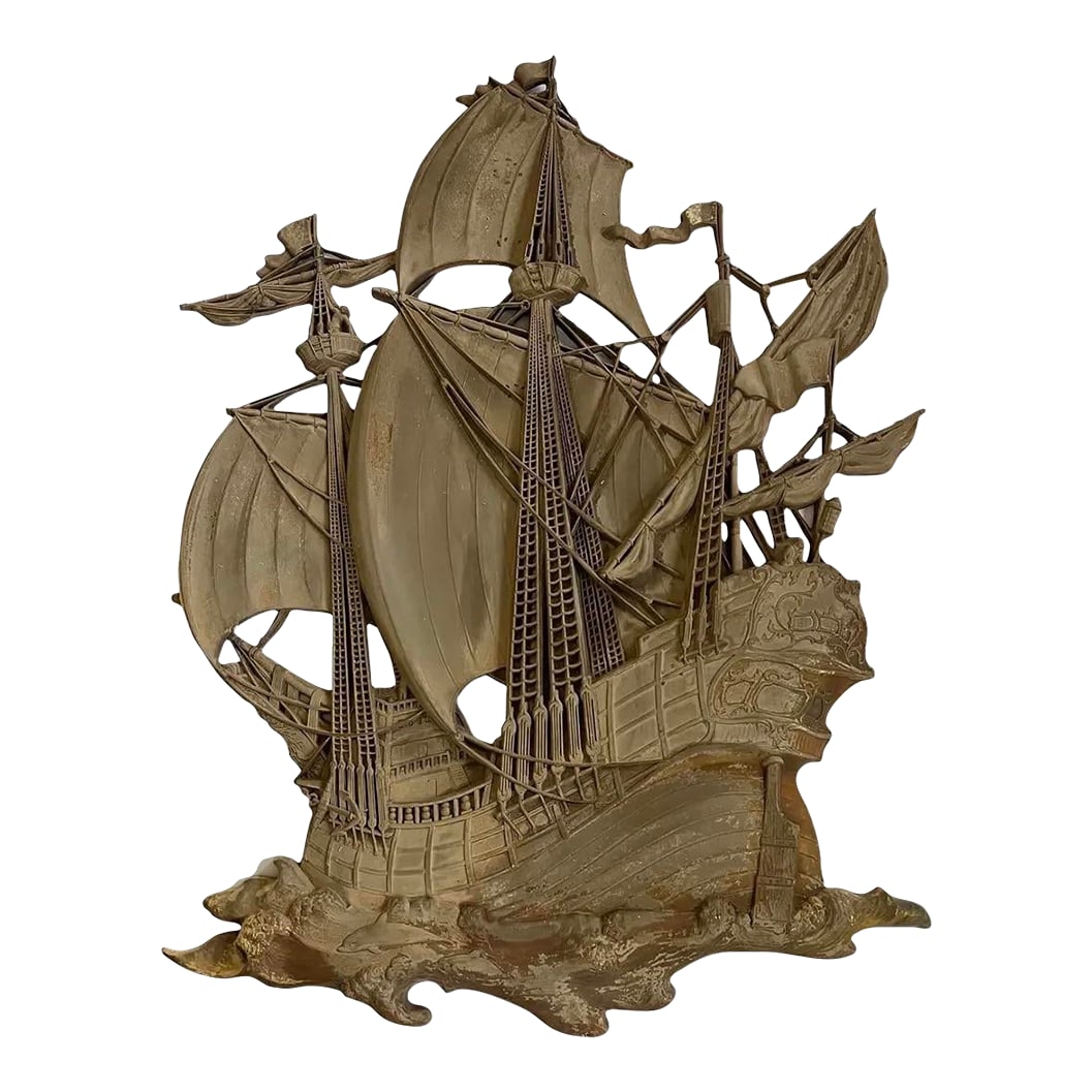 Large 1968 Brass Spanish Galleon Wall Sculpture by Dart Industries - Mid Century Nautical Ship Wall: This large statement wall sculpture depicting a Spanish galleon sailing ship was produced by Dart Industries in 1968. The dramatic brass nautical wall piece captures the romance of historic maritime