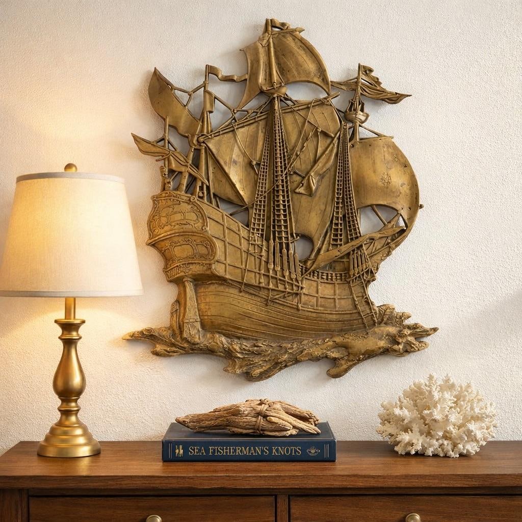 Large 1968 Brass Spanish Galleon Wall Sculpture by Dart Industries - Mid Century Nautical Ship Wall - 2