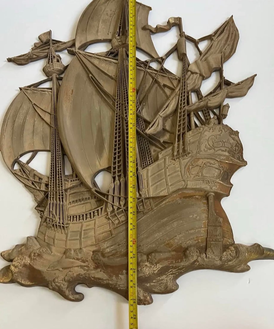 Large 1968 Brass Spanish Galleon Wall Sculpture by Dart Industries - Mid Century Nautical Ship Wall - 4