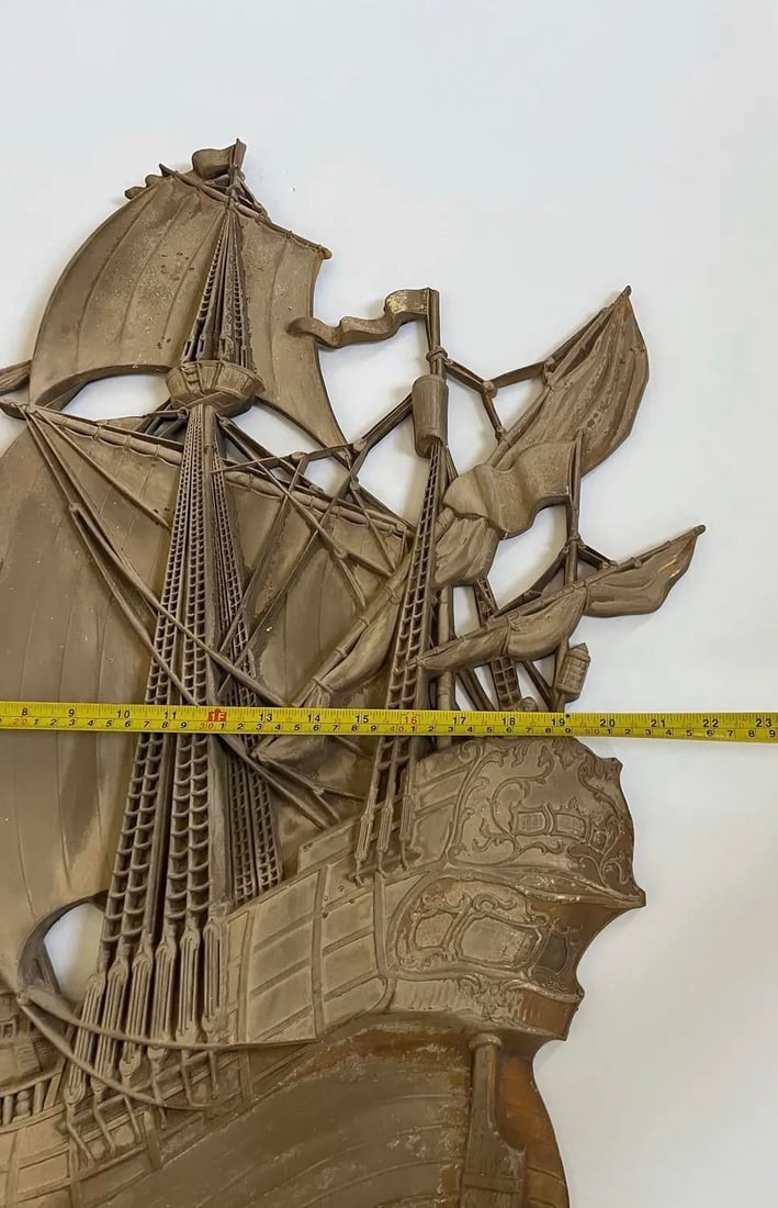 Large 1968 Brass Spanish Galleon Wall Sculpture by Dart Industries - Mid Century Nautical Ship Wall - 5
