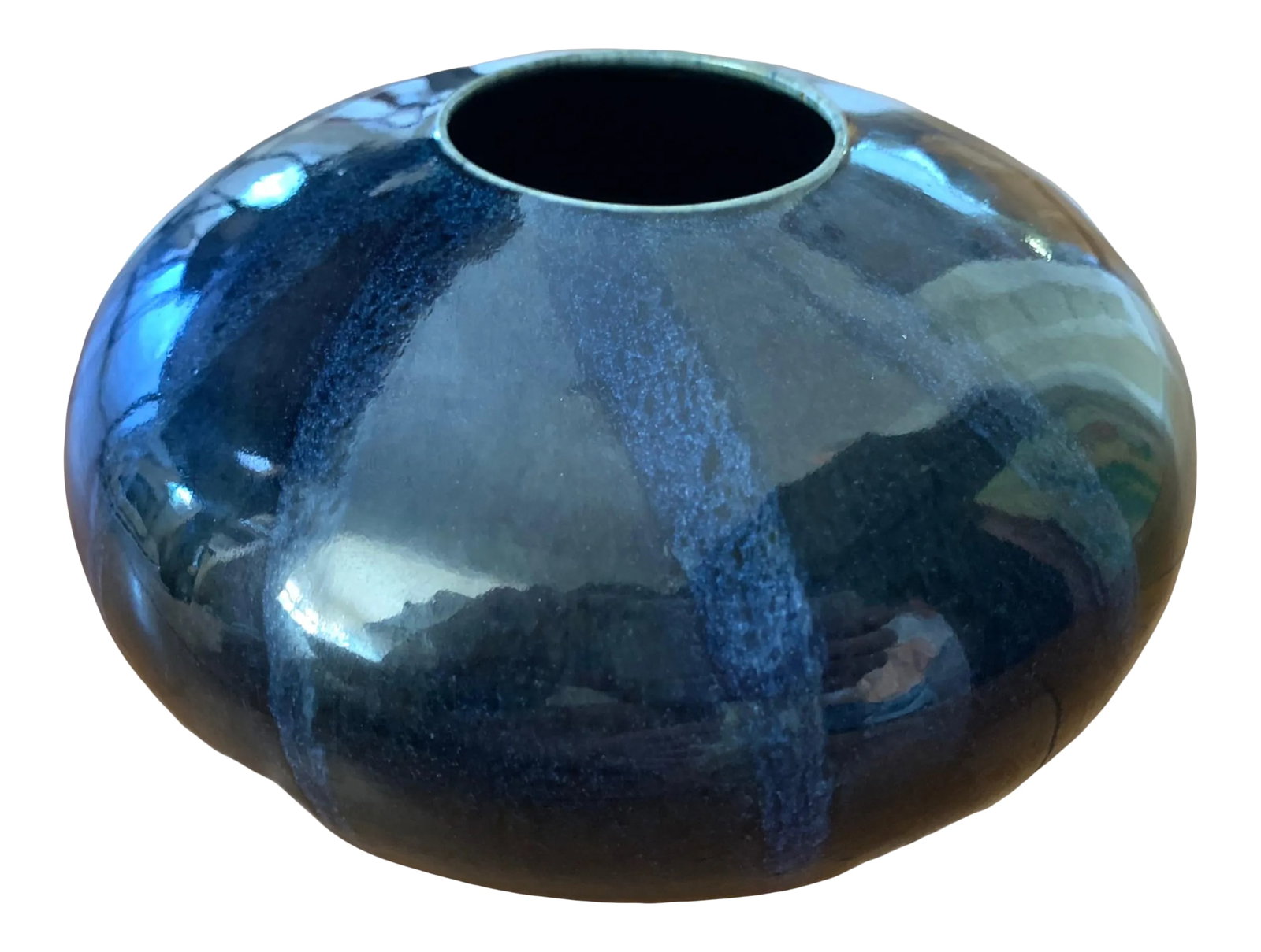 Late 20th Century Cobalt Blue Ceramic Vase: Late 20th century ceramic vase with a glazed body in cobalt blue with dark green highlights. Makers mark stamped on base of piece "WM" BoxA1 Condition: Alterations: Original Condition Unaltered