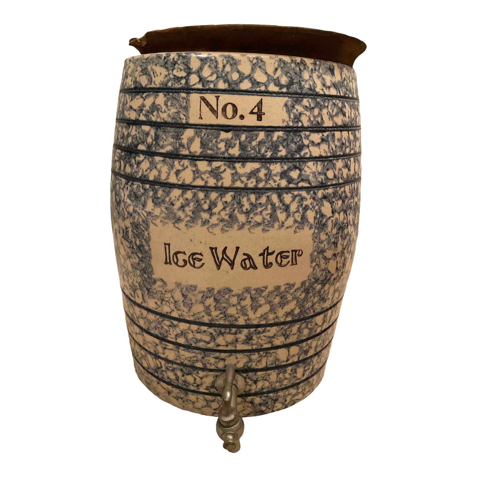 Early 20th Century 4 Gallon Blue Spongeware Ice Water Cooler: Dating to the early 20th century , this is a Fulper Spongeware No 4 Ice water color. It is a distinctive blue Spongeware glazed stoneware with spigot at the bottom for dispensing water. It features a