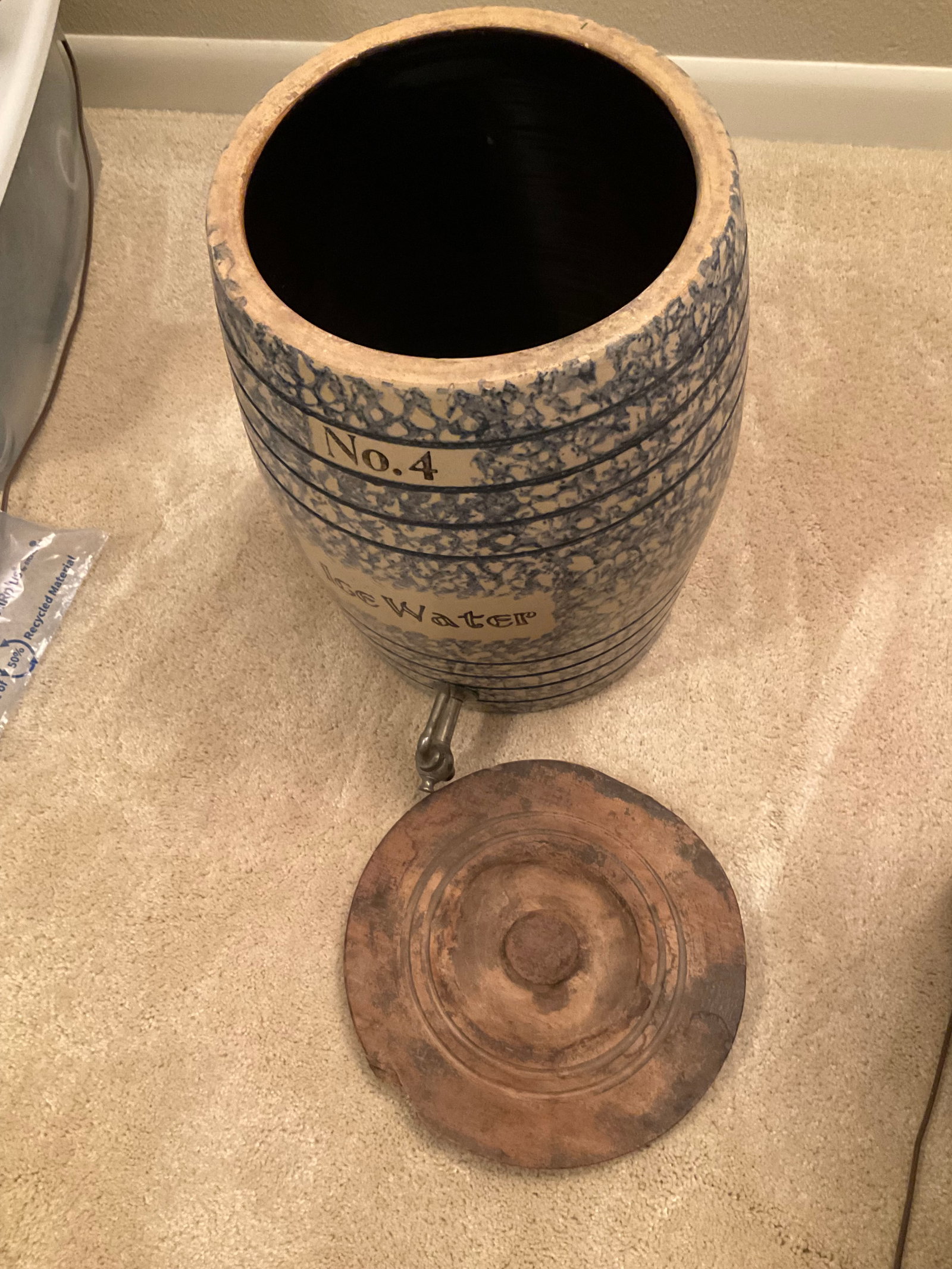 Early 20th Century 4 Gallon Blue Spongeware Ice Water Cooler - 3
