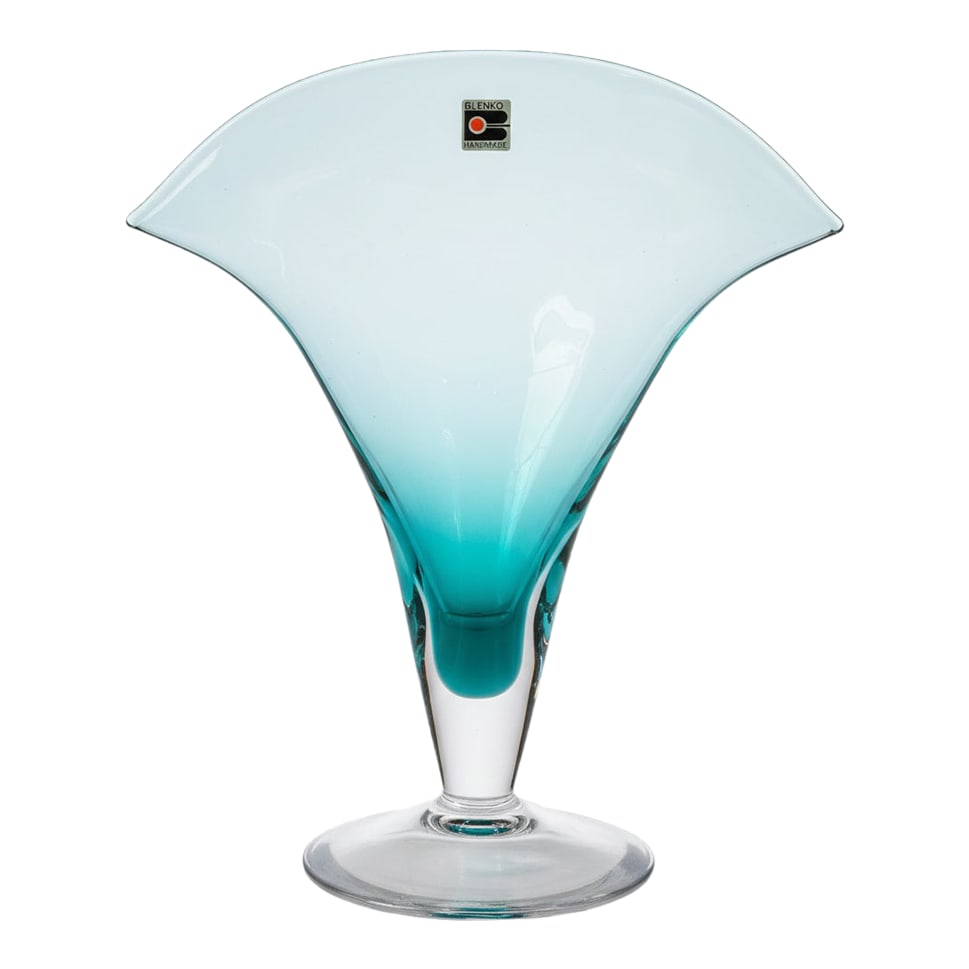 Blenko Turquoise Ruffled Pedestal Vase With Block B Label: Striking Blenko art glass vase featuring a dramatic ruffled, flared rim in vibrant turquoise that fades elegantly into a clear pedestal base, creating a sculptural silhouette perfect for display with