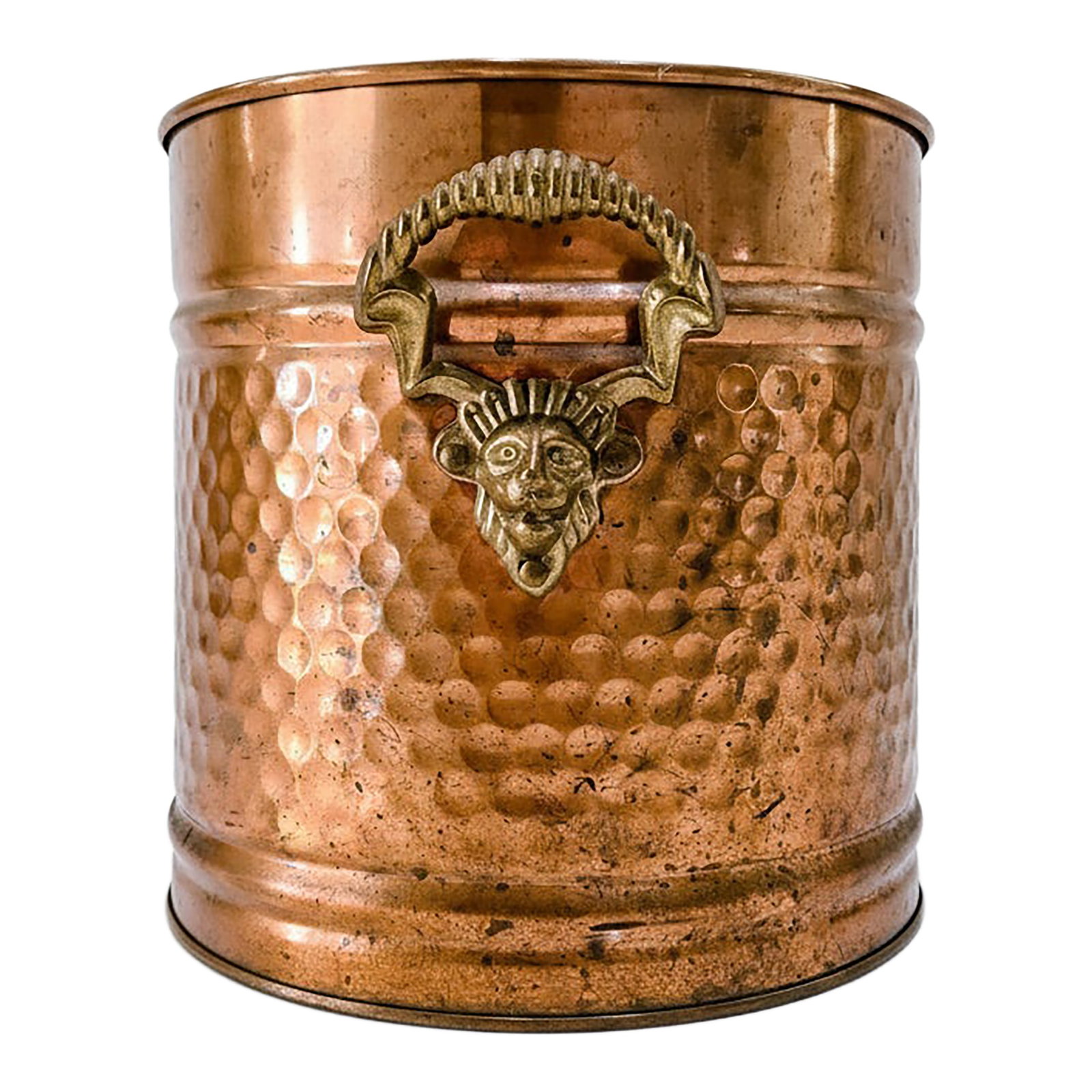 Vintage Hammered Copper Coal Scuttle Bucket With Brass Satyr Handle - Fireplace, Hearth, or Umbrella: Vintage hammered copper coal scuttle bucket featuring an ornate brass satyr-style handle, perfect for adding character to a fireplace, hearth, or rustic cottage entryway. The richly patinated copper