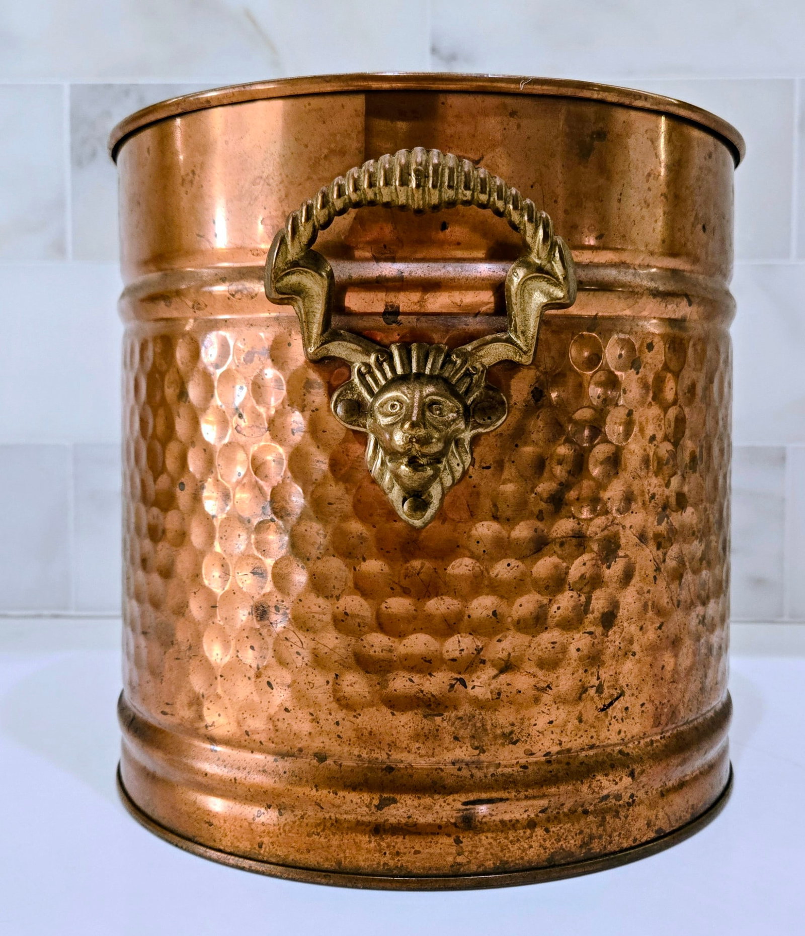 Vintage Hammered Copper Coal Scuttle Bucket With Brass Satyr Handle - Fireplace, Hearth, or Umbrella - 2
