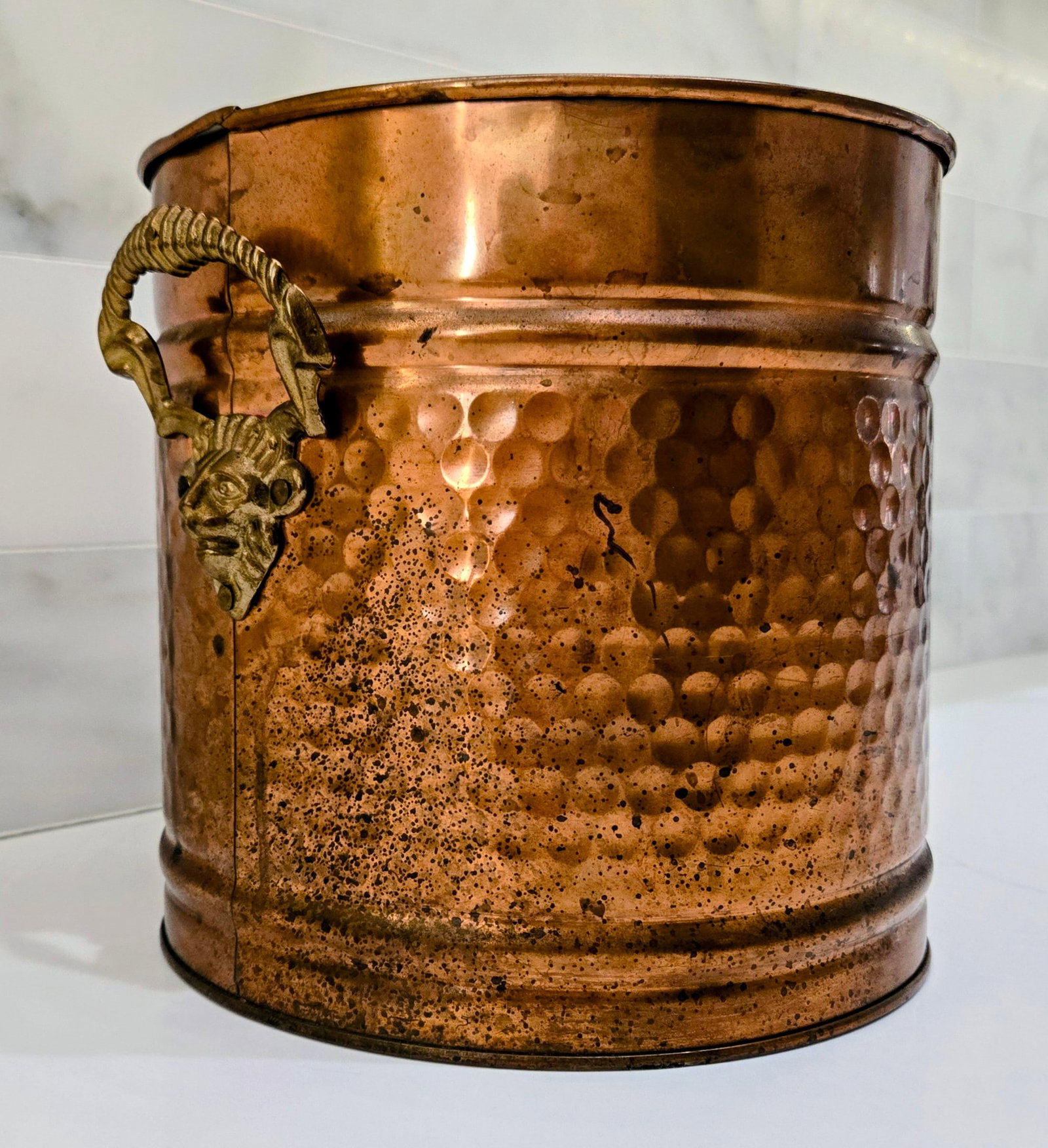 Vintage Hammered Copper Coal Scuttle Bucket With Brass Satyr Handle - Fireplace, Hearth, or Umbrella - 5