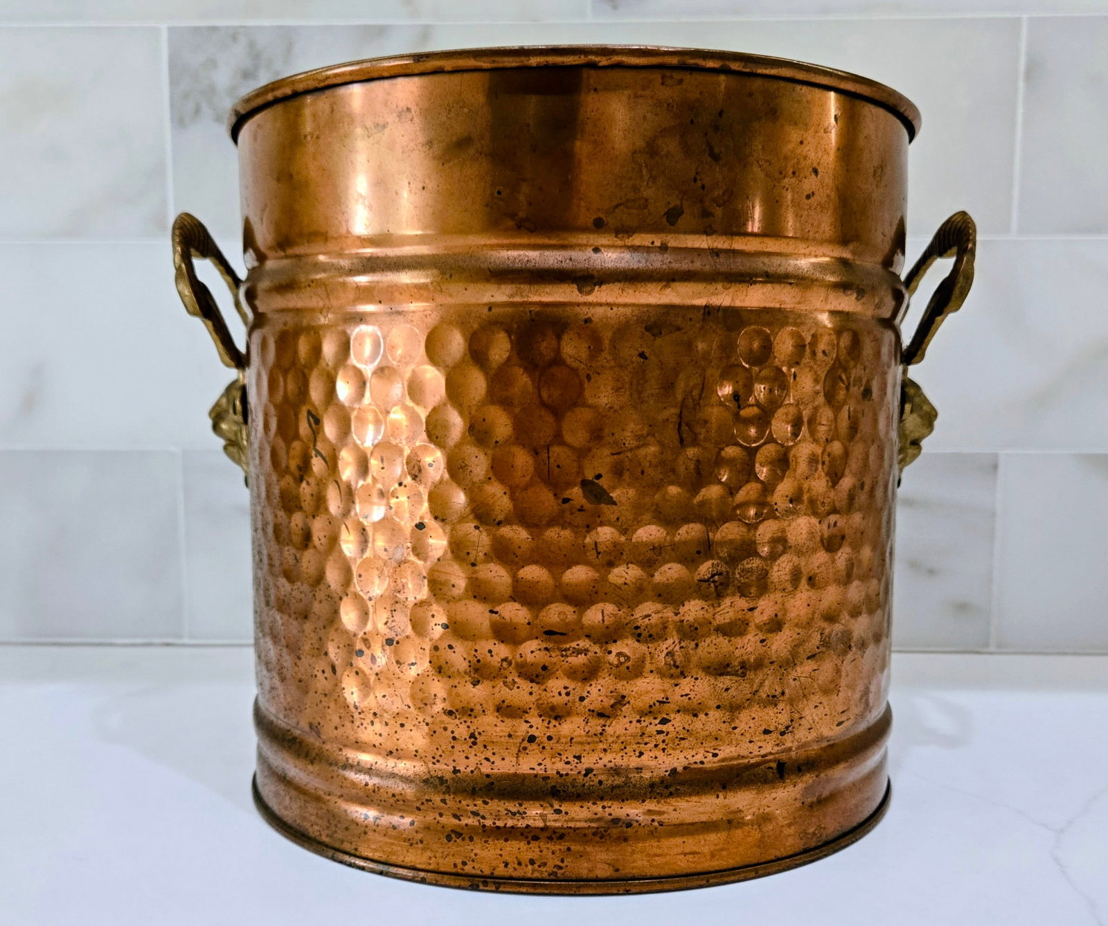 Vintage Hammered Copper Coal Scuttle Bucket With Brass Satyr Handle - Fireplace, Hearth, or Umbrella - 6