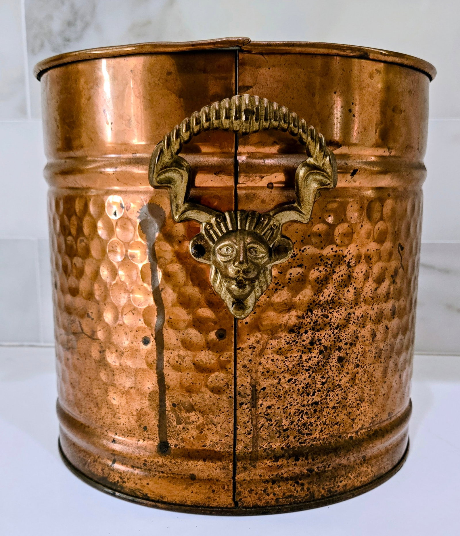 Vintage Hammered Copper Coal Scuttle Bucket With Brass Satyr Handle - Fireplace, Hearth, or Umbrella - 7
