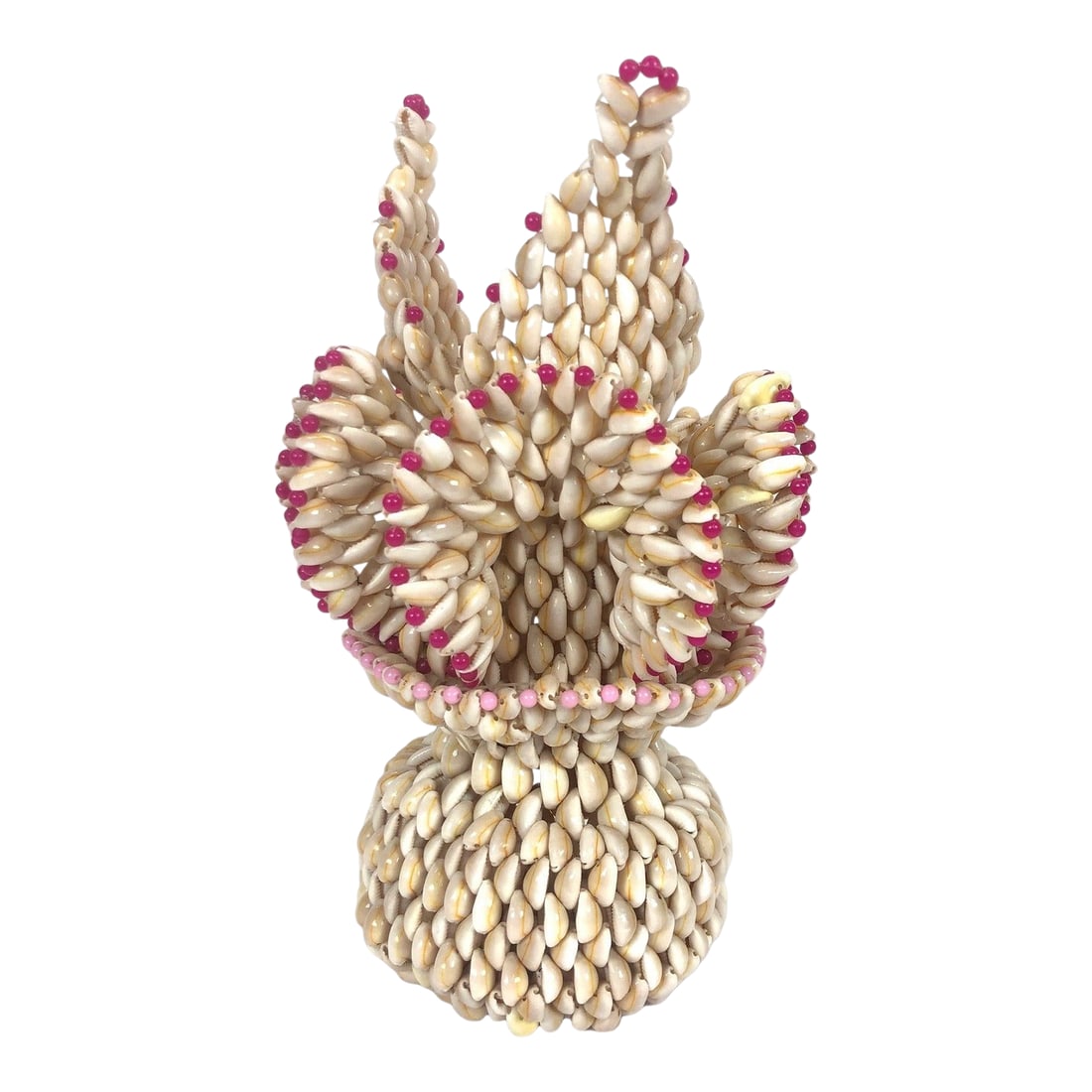 Vintage Ruffled Cowrie Puka Sea Shell Vase | Trompe L'oeil: Vintage handmade vase using natural cowrie shells and beads. 1970s polynesian art. Condition: Very good+ vintage condition Dimensions: 13" H x 8" W x 8" D Condition: Alterations: Original Condition Un