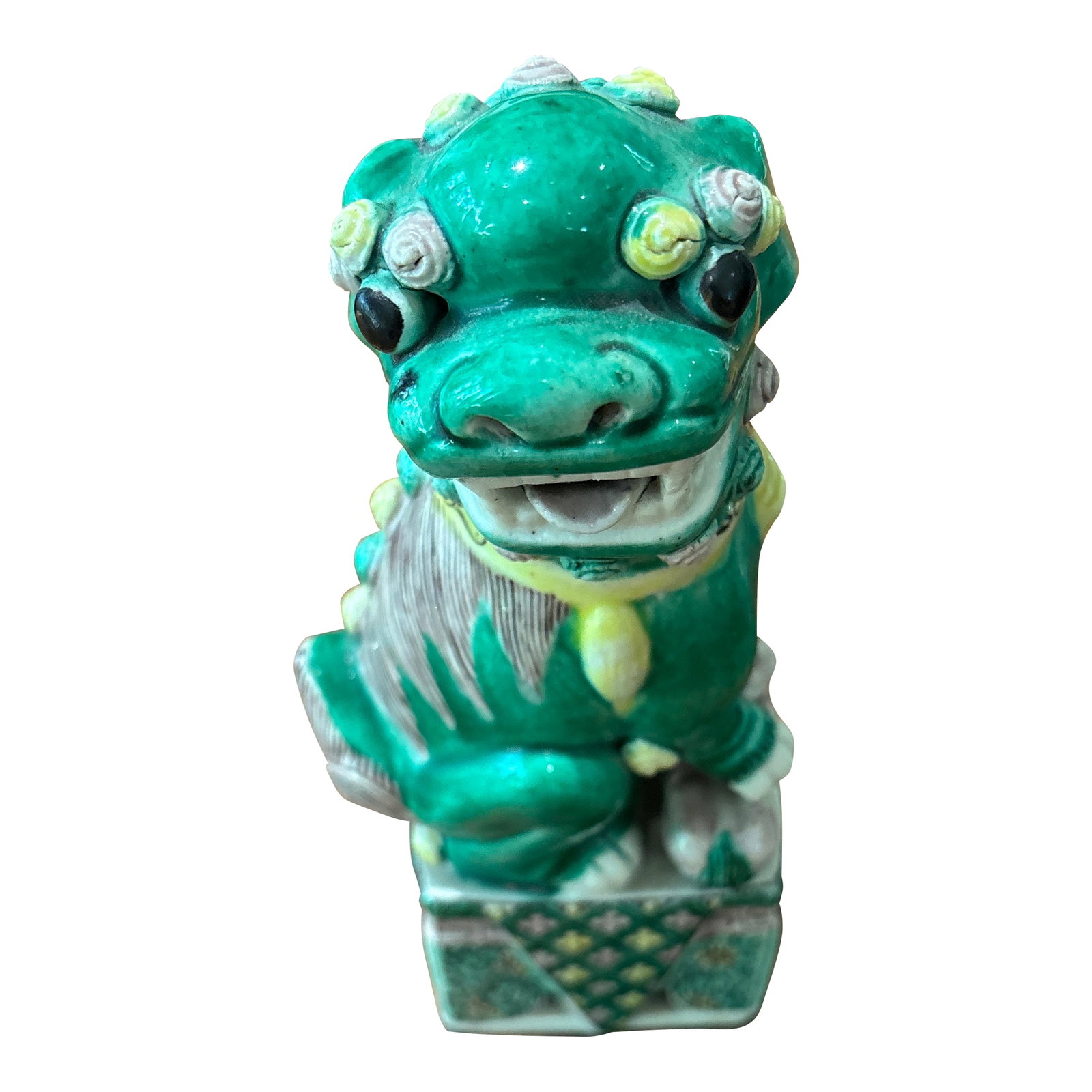 1990s Chinese Foo Dog: Such a colorful and piece to add to a bookcase! I have no information on when this figure was manufactured. Condition: Alterations: Unknown Imperfections: Some Imperfections Condition Notes: No chips