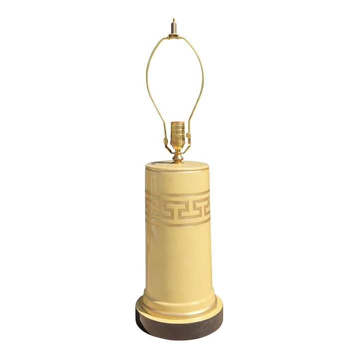 Vintage Greek Key Gold Leaf Column Table Lamp: Vintage column-form table lamp featuring a raised Greek key motif band and gold leaf detailing over a warm yellow lacquered base. The cylindrical body sits on a contrasting dark plinth base and is