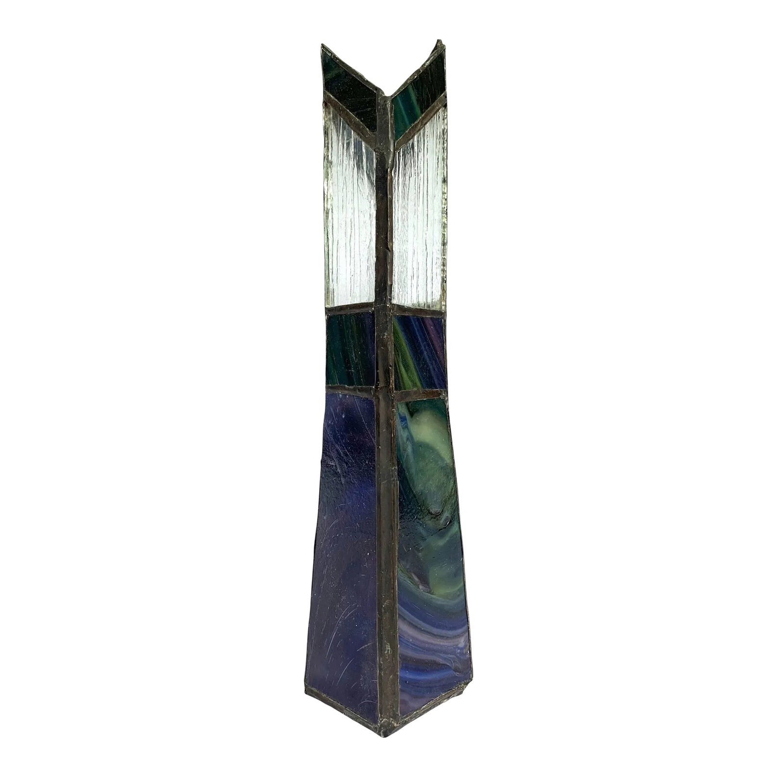 Early 20th Century Arts and Crafts Stained Glass Vase: Early 20th century stained class vase in geometric shapes with tones of green and blue. Condition: Alterations: Original Condition Unaltered Imperfections: Some Imperfections Condition Notes: Modest