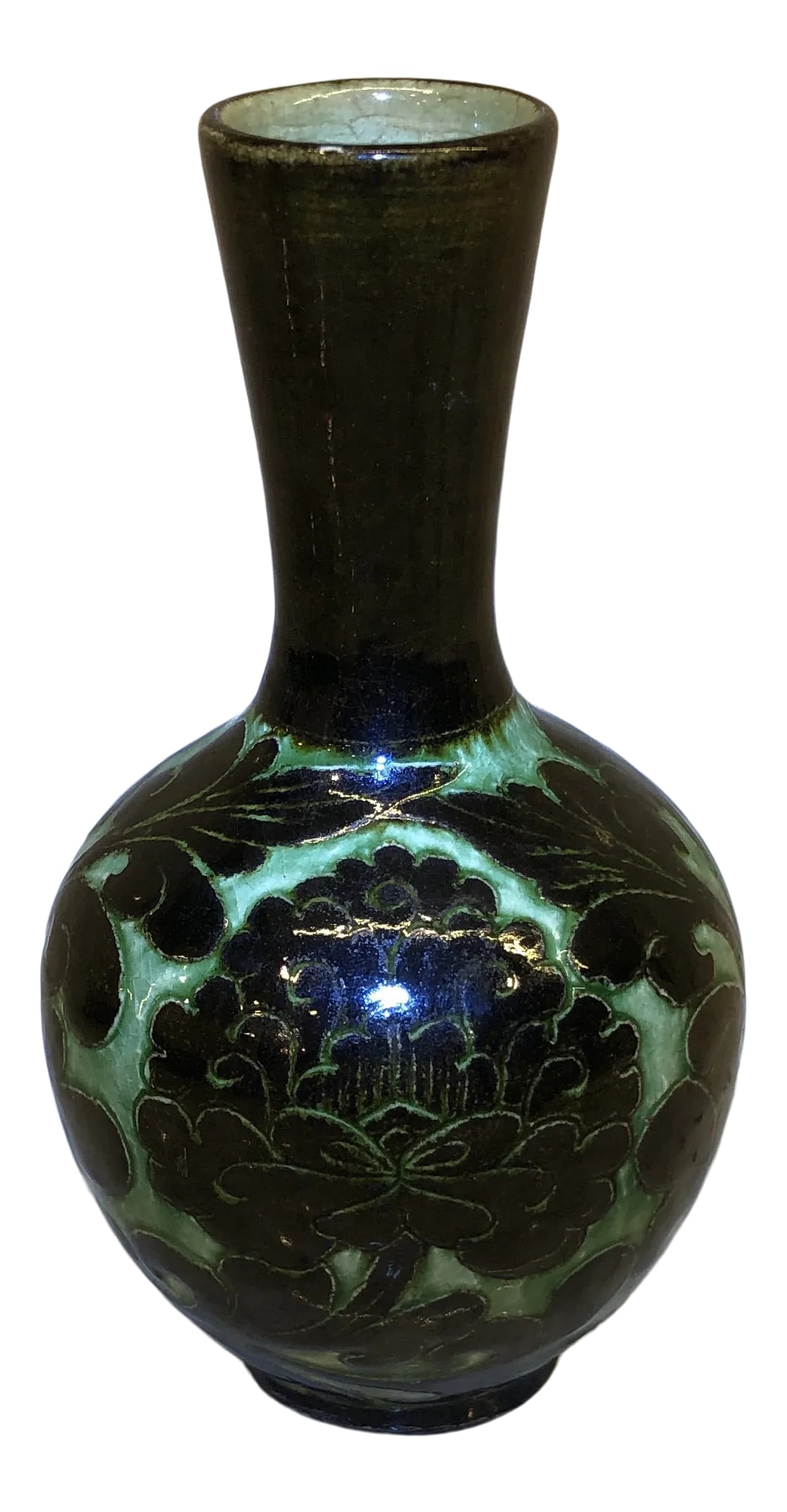 Chinese CI Zhou Vase: Antique Chinese Ci Zhou small vase from the 1920's in the style of Song Dynasty (960-1279AD) Ci Zhou vases. Raised black foliate on a lime green ground. Condition: Alterations: Original Condition Unal
