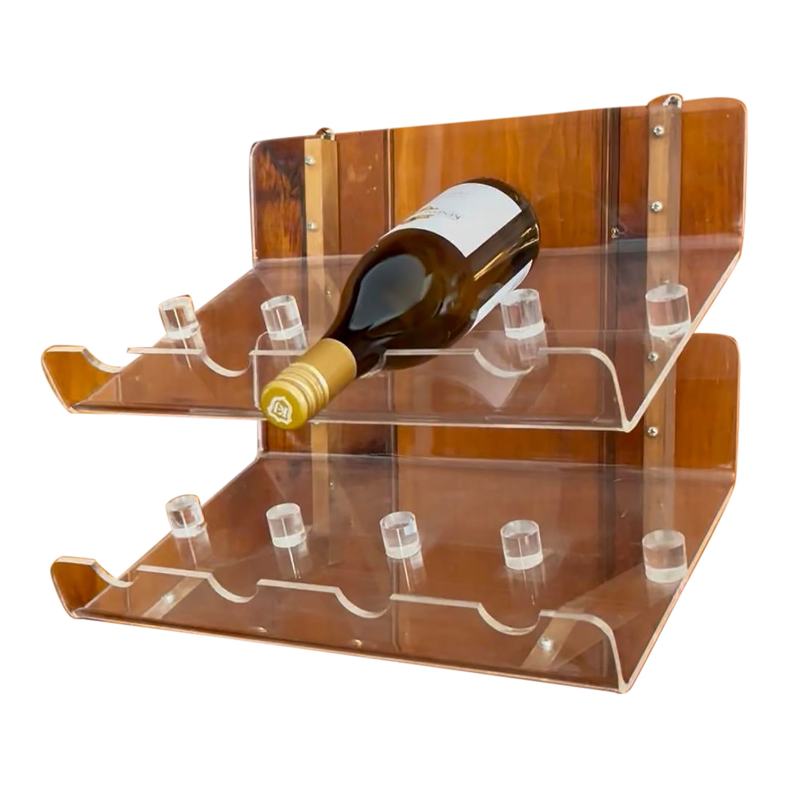 Vintage Lucite and Wood Wine Rack, 1980s Modern Minimalist 8 Bottle Bar Display: Vintage 1980s lucite and wood wine rack, a modern minimalist acrylic bar cart accessory, shelf display, with sculptural clear tiers designed to display eight bottles in style. Can be wall mounted as