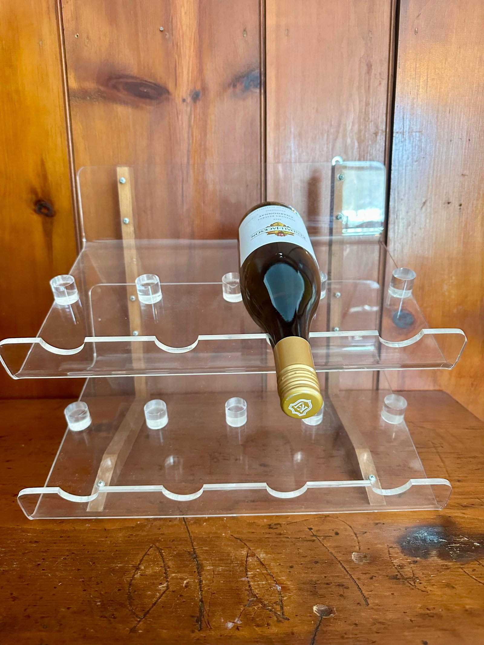 Vintage Lucite and Wood Wine Rack, 1980s Modern Minimalist 8 Bottle Bar Display - 2