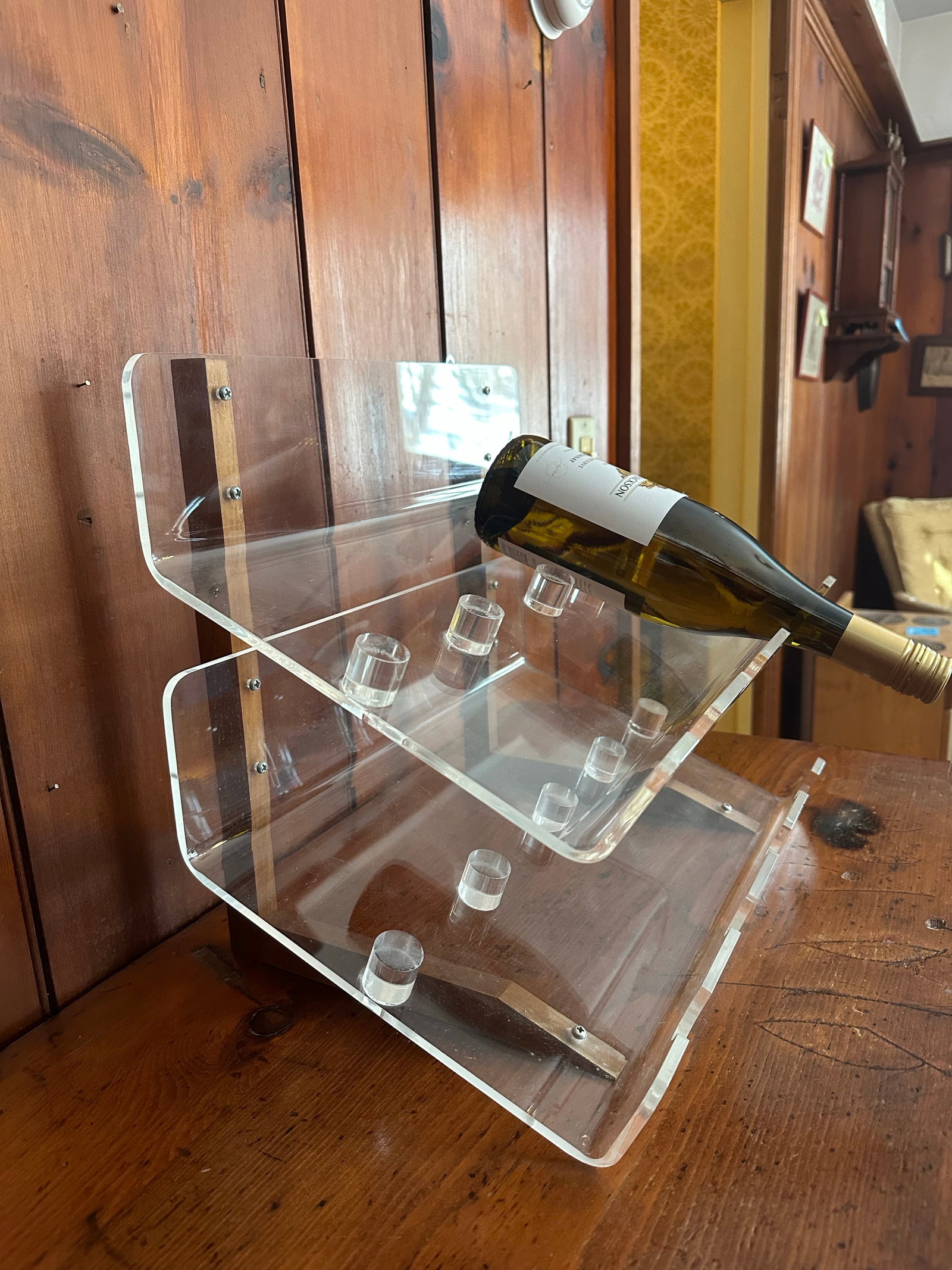 Vintage Lucite and Wood Wine Rack, 1980s Modern Minimalist 8 Bottle Bar Display - 4