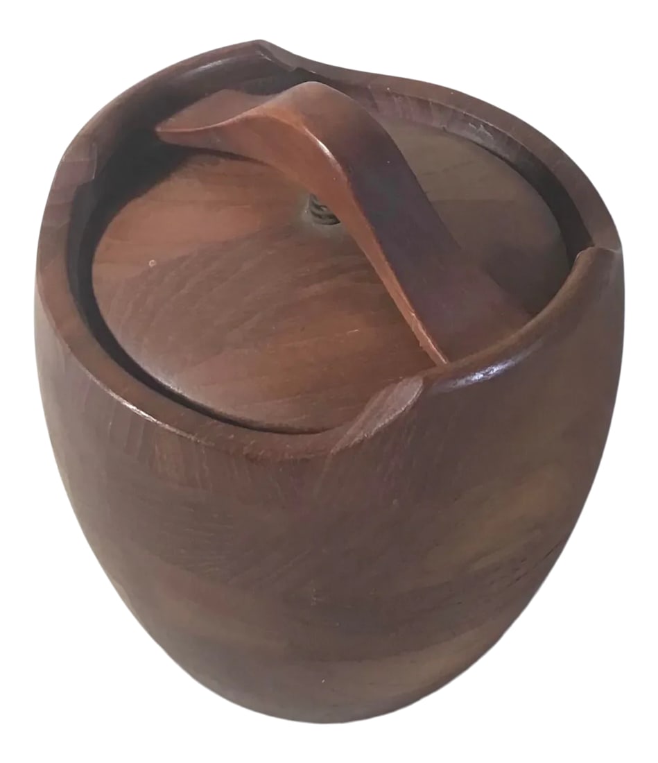 Vintage 1950s-60s Danish Teak Wood Humidor for Pipe Tobacco by Design Esa Danmark: A mid-century vintage crafted humidor (tobacco jar) made from small blocks of teak wood with a spring loaded latched top. On the underside is a burned in mark to the base "DESIGN ESA DANMARK" This
