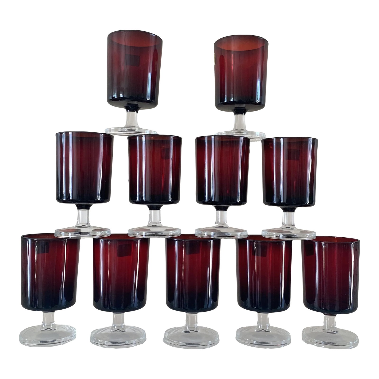 Mid 20th Century Luminarc Ruby Red Cordial Glasses- Set of 11: Listing is for a set of 11 Ruby red Luminarc clear cordial glasses. Ideal for aperitifs, fun kid glasses, etc. Condition: Alterations: Original Condition Unaltered Imperfections: Some Imperfections