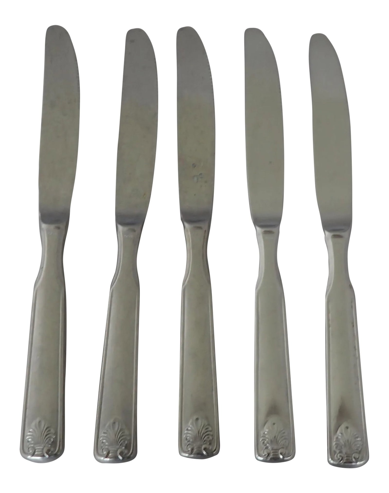 Stainless Steel Shell Design Dinner Knives S/5: Vintage Rare With Shell Design Stainless Steel Set Of Five Knives Makers Mark Reads " Supreme Cutler Stainless Japan" Some Wear , In Very Good Vintage Condition,. Condition: Alterations: Original