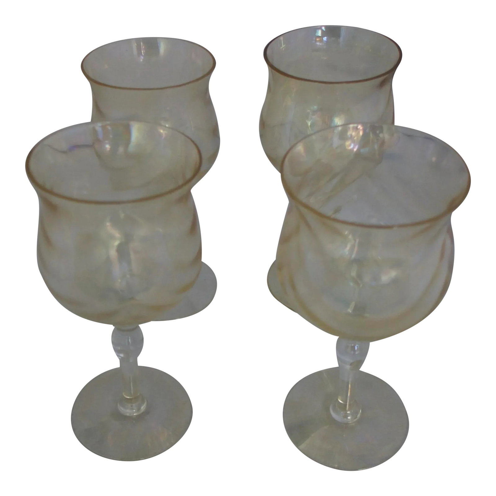Mid-Century Modern Bar/Wine Glasses - Set of 4: Mid-century modern set of four fostoria crystal optic gold iridescent bar/wine glasses. 2.35"D X 5.5"H Base 2.35"D Condition: Alterations: Original Condition Unaltered Imperfections: Some