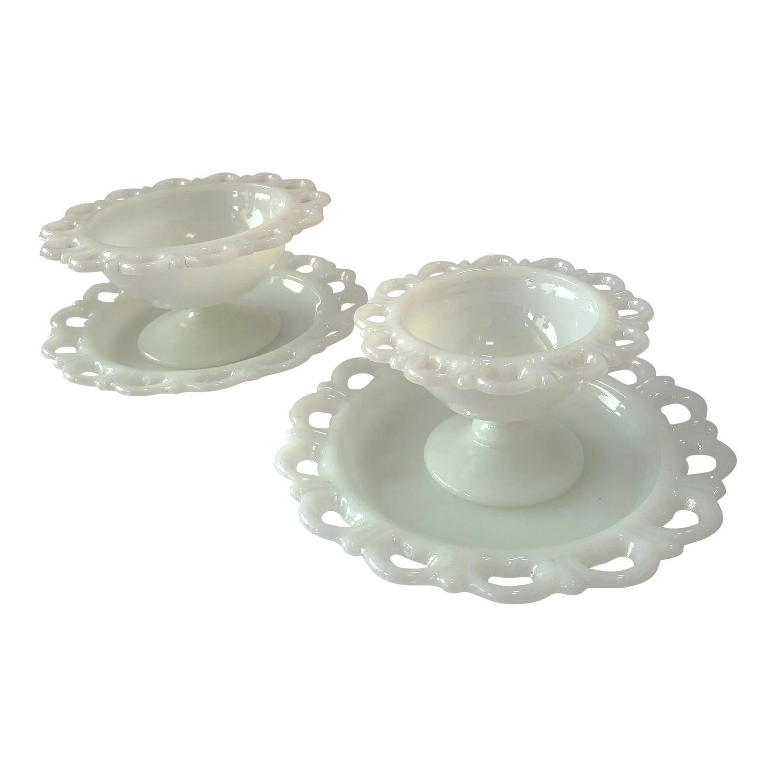 1950s Anchor Hocking Old Colony Milk Glass Salad Plates & Compote Set- 4 Pieces: (2) Lace Edge-Milk Glass Salad Plates by Anchor Hocking, Aka "Old Colony", 1950's - 1960's 8 1/2" of beautiful milk glass and (2) pedestal compotes with beautiful laced edges around the top of the bow