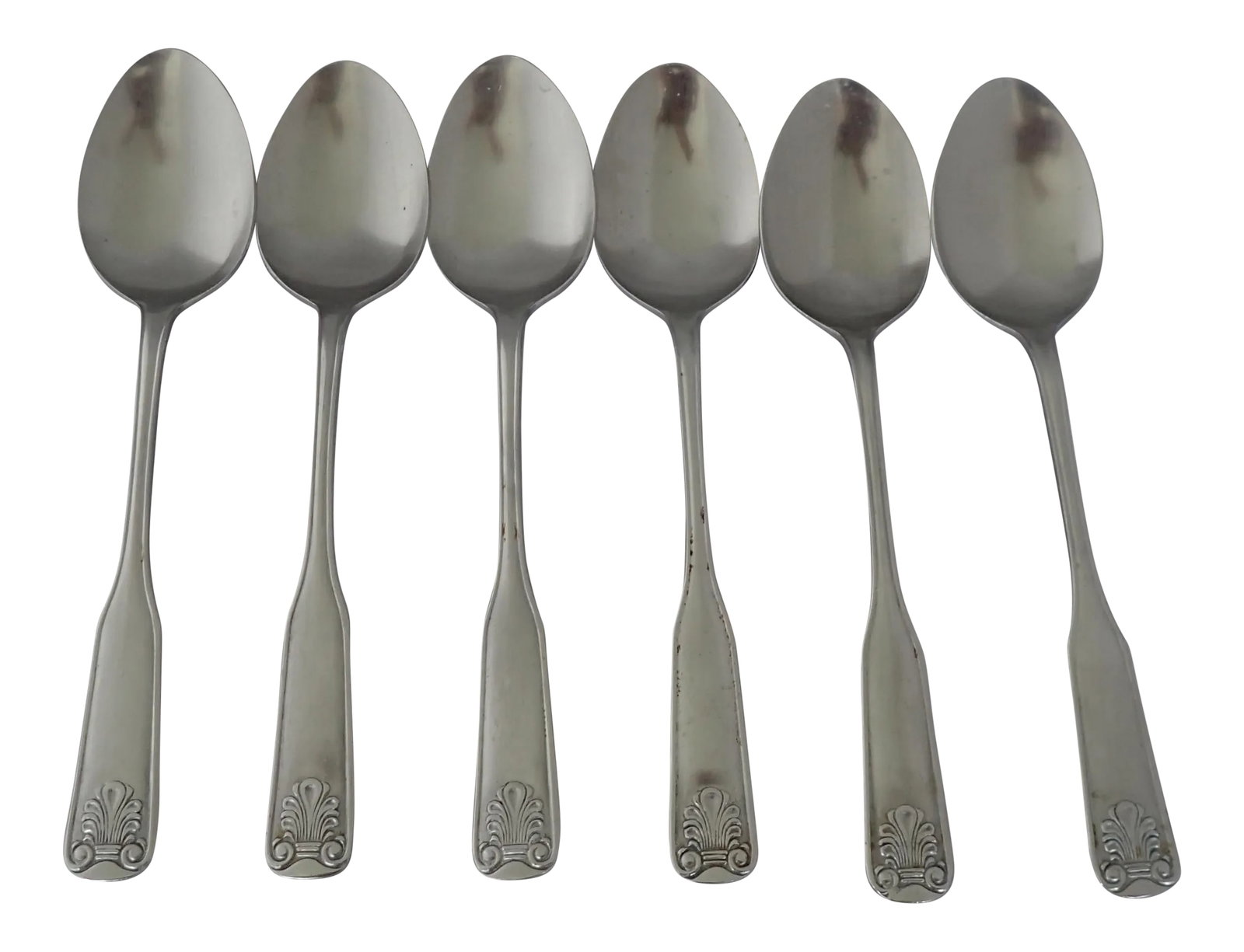 Shell Design Stainless Steel Table Spoons- Set of 6: Vintage Rare With Shell Design Stainless Steel Set Of Six Table Spoons, Makers Mark Reads " Supreme Cutler Stainless Japan" Some Wear , In Very Good Vintage Condition. Condition: Alterations:
