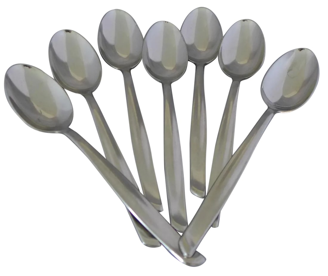 German Carl Mertens Stainless Steel Tablespoons - Set of 7: Vintage Midcentury Modern Carl Mertens Stainless Steel Set Of Seven Table Spoons, Makers Mark Reads " Roneusil Germany" Minor Wear. Condition: Alterations: Original Condition Unaltered Imperfections: