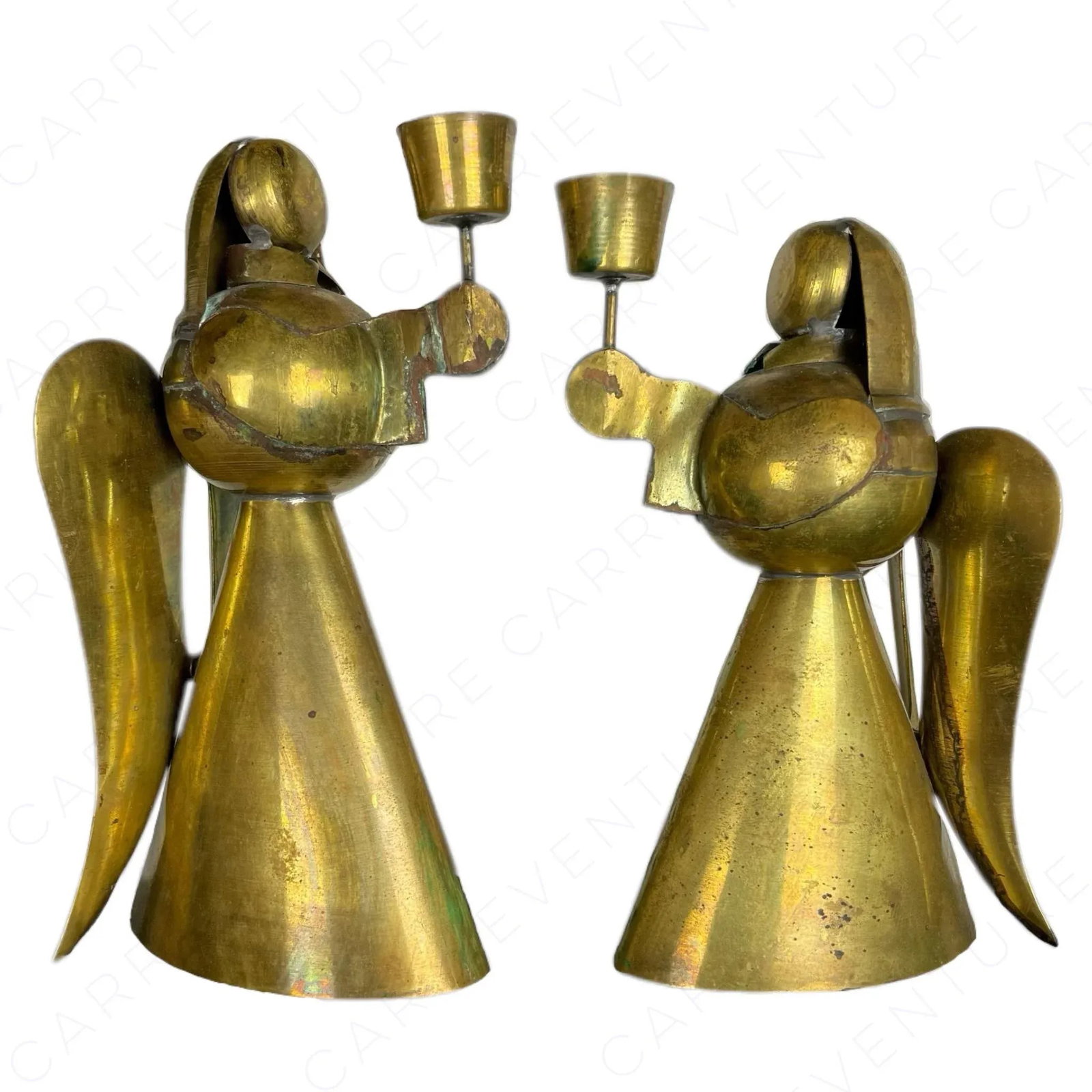 Vintage Mid 20th Century Brass Angels Candle Holders Shabby Chic Farmhouse Style Rustic - a Pair - 12