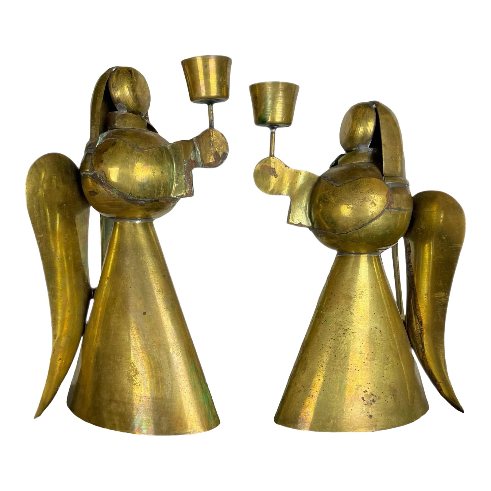 Vintage Mid 20th Century Brass Angels Candle Holders Shabby Chic Farmhouse Style Rustic - a Pair: Completely charming and the perfect thing to build your holiday mantelpiece arrangement or Christmas dinner centerpiece around, these lovely candle holders angels are sure to become part of your