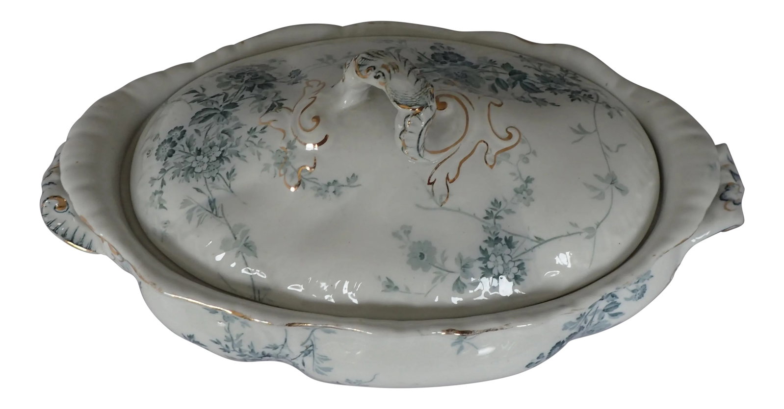 Porcelain Serving Covered Bowl: Vintage elegant blue & white touch of gold with floral design serving covered bowl, makers mark reads " Royal semi porcelain Princess Pattern BOOTS England " in excellent condition. Handle to handle