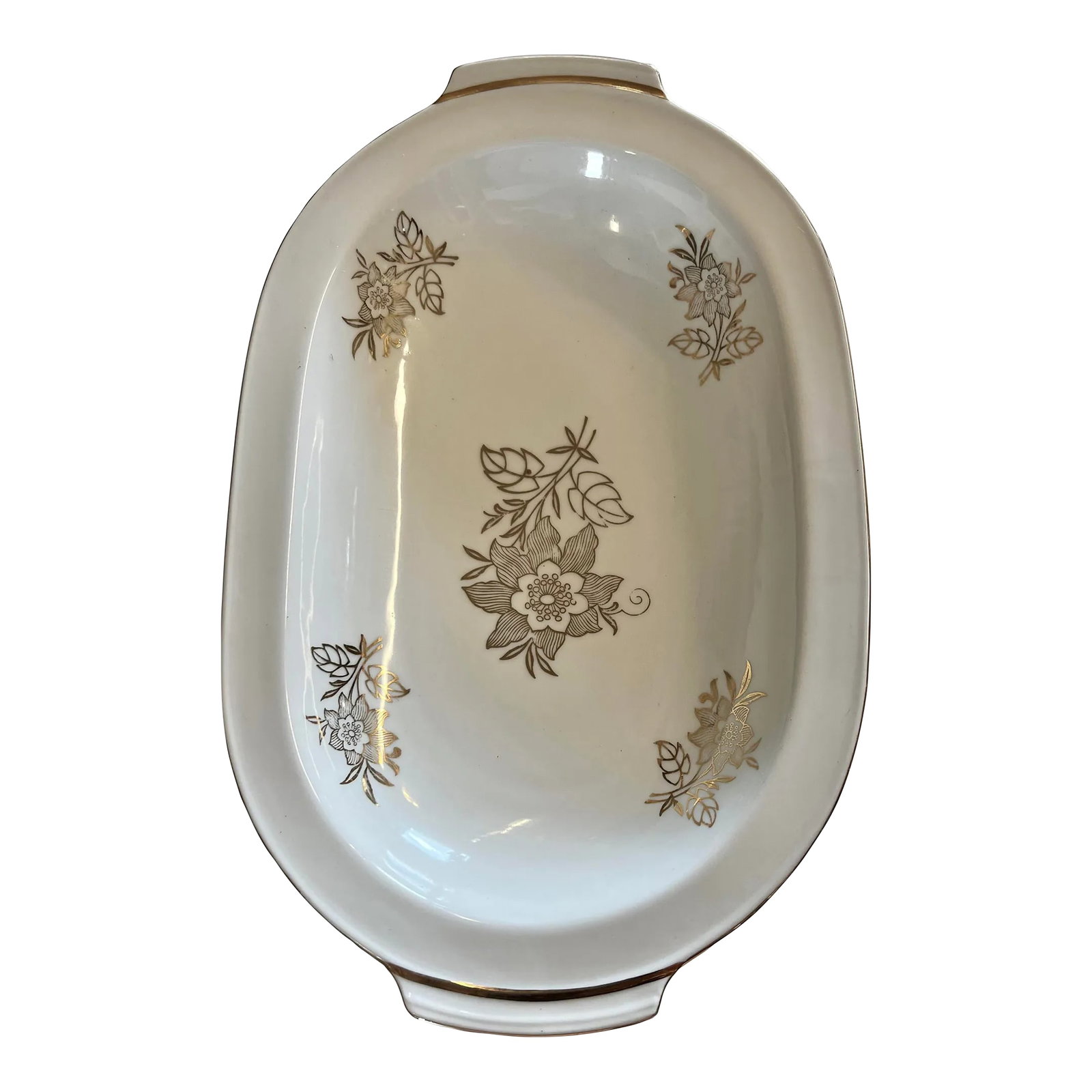 1960s Vintage Oval White & Gold Bowl: Vintage white fine China with Gold. Oval bowl. The bottom is marked Germany with the number 62 and a crown. This is measuring 12 3/4" x 8" x 2". Condition: Alterations: Original Condition Unaltered