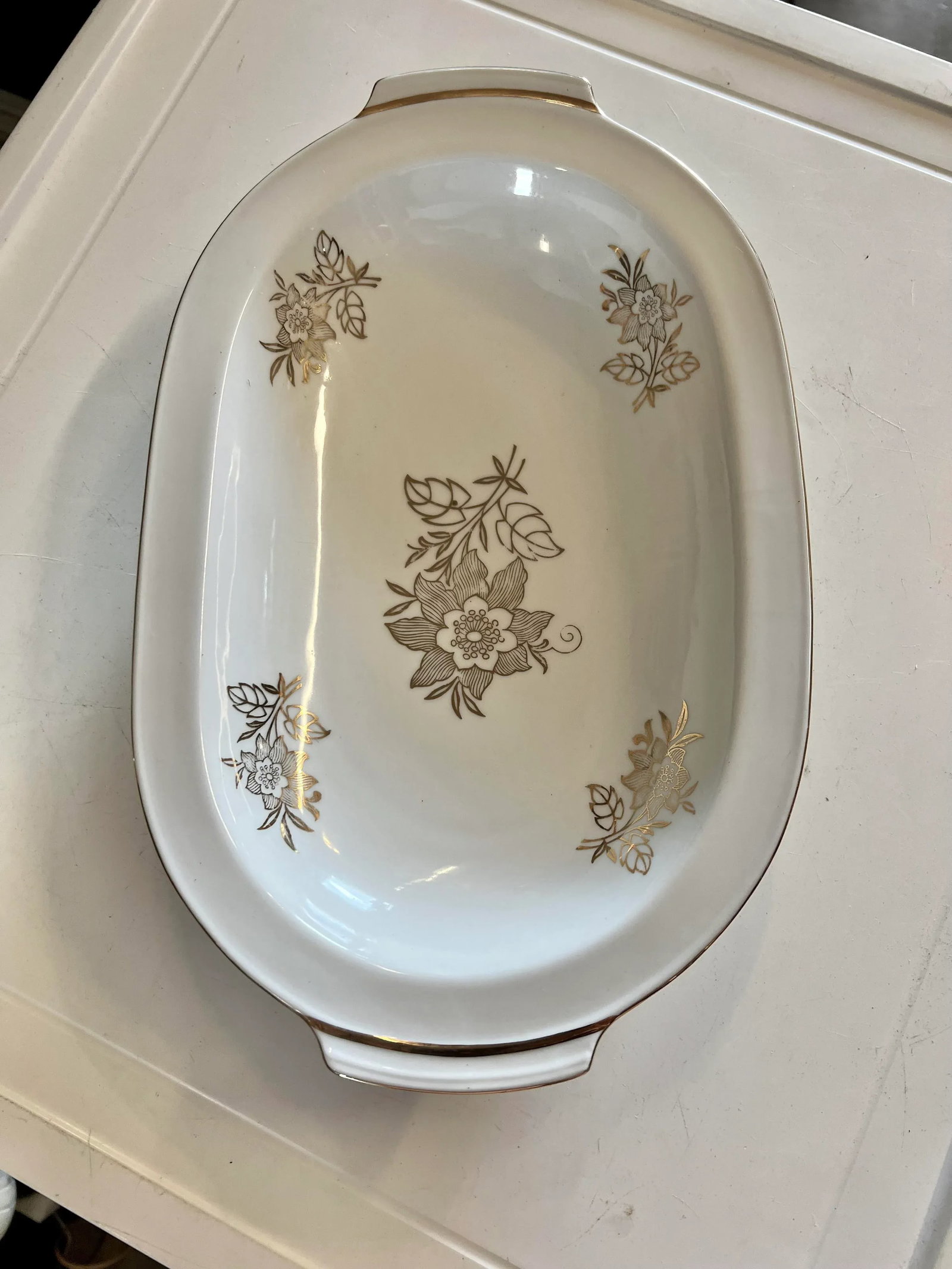 1960s Vintage Oval White & Gold Bowl - 8